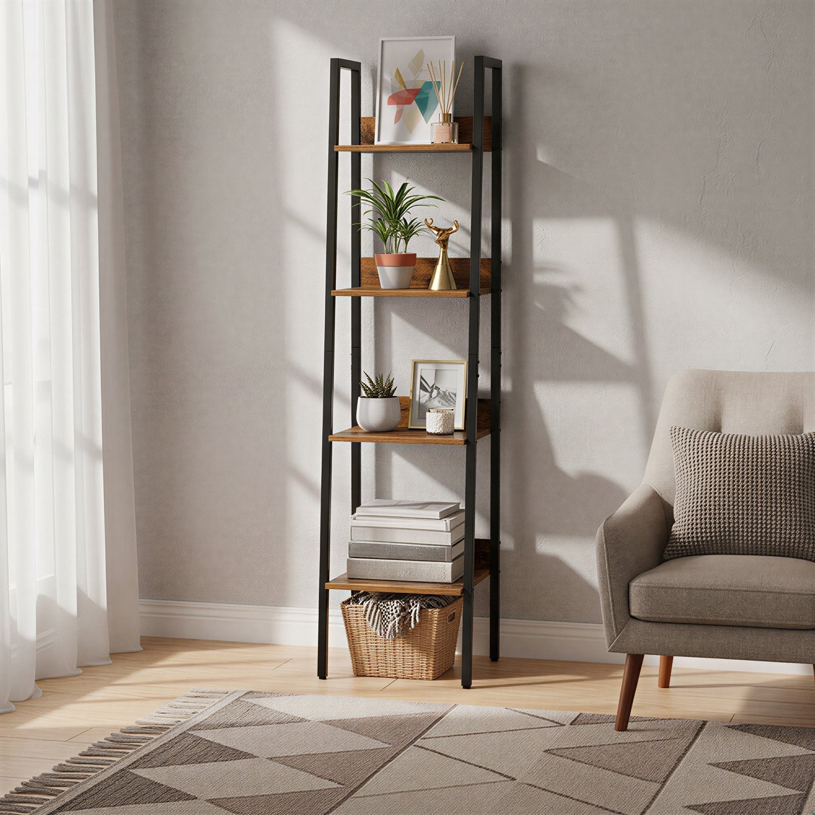 4-Tier Bookcase - Steel - Rustic Brown and Black - Freestanding Storage Shelf