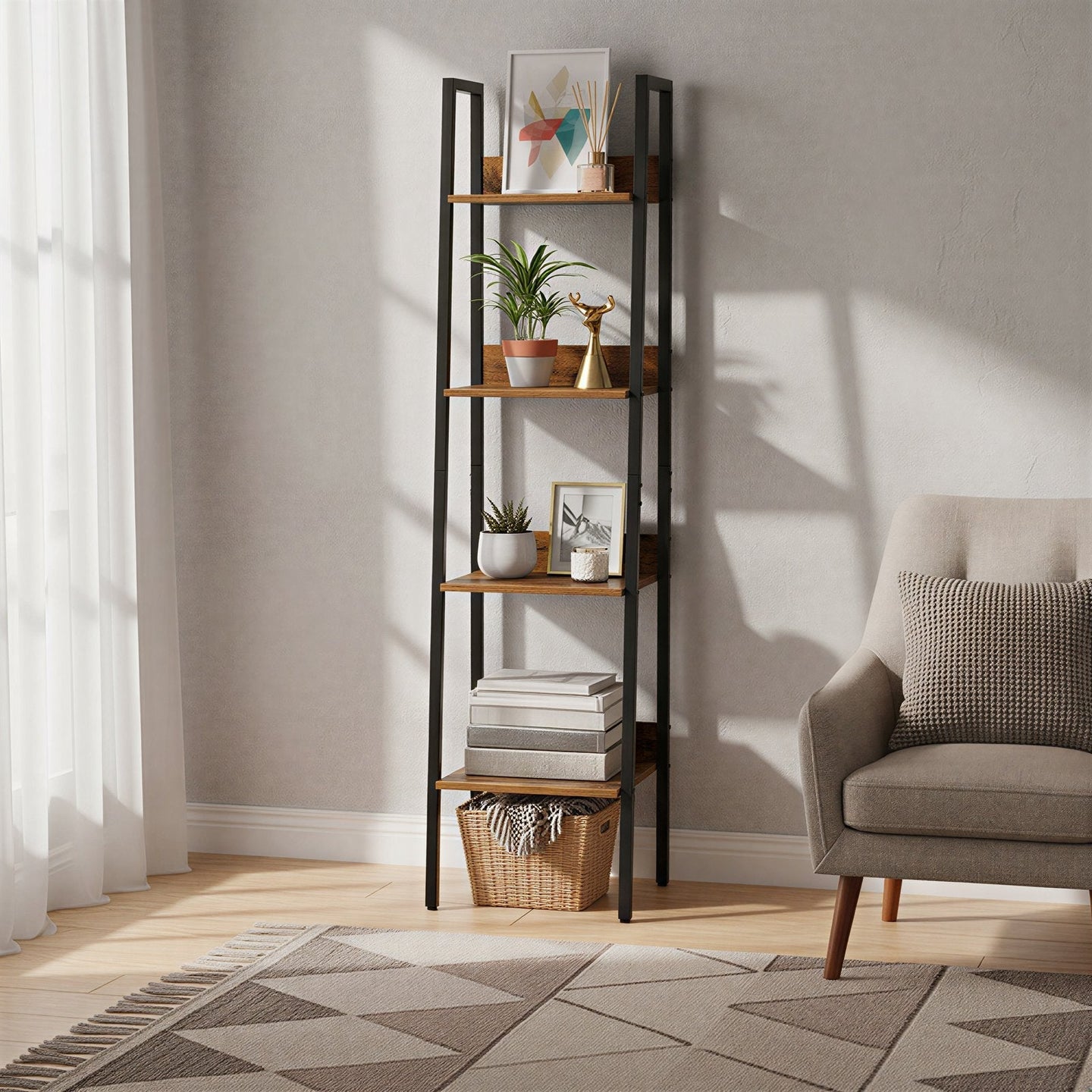 4-Tier Bookcase - Steel - Rustic Brown and Black - Freestanding Storage Shelf
