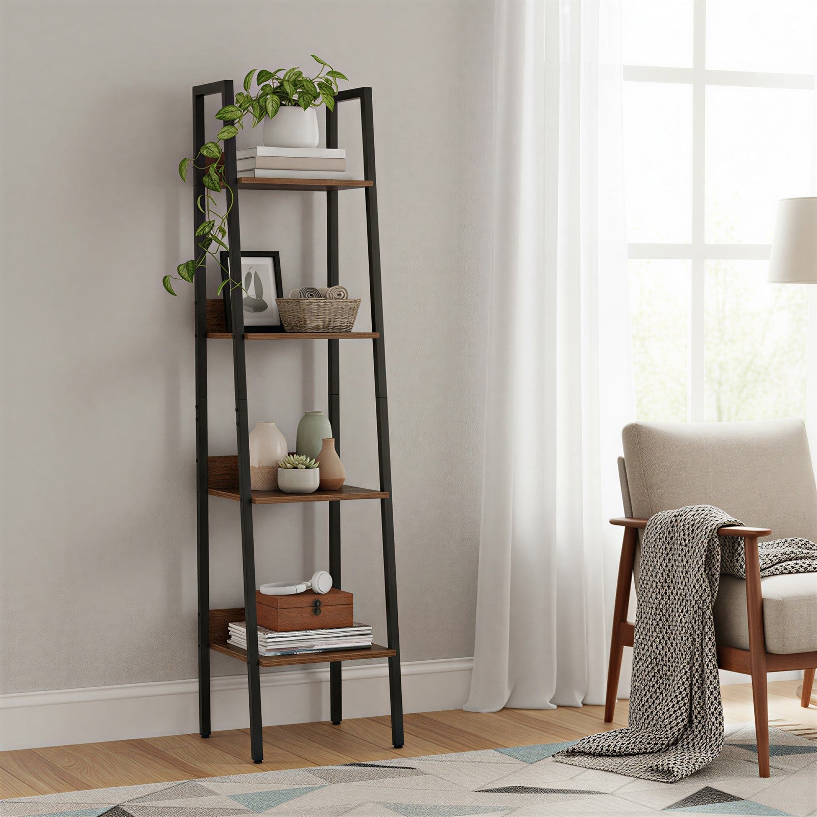 4-Tier Bookcase - Steel - Rustic Brown and Black - Freestanding Storage Shelf