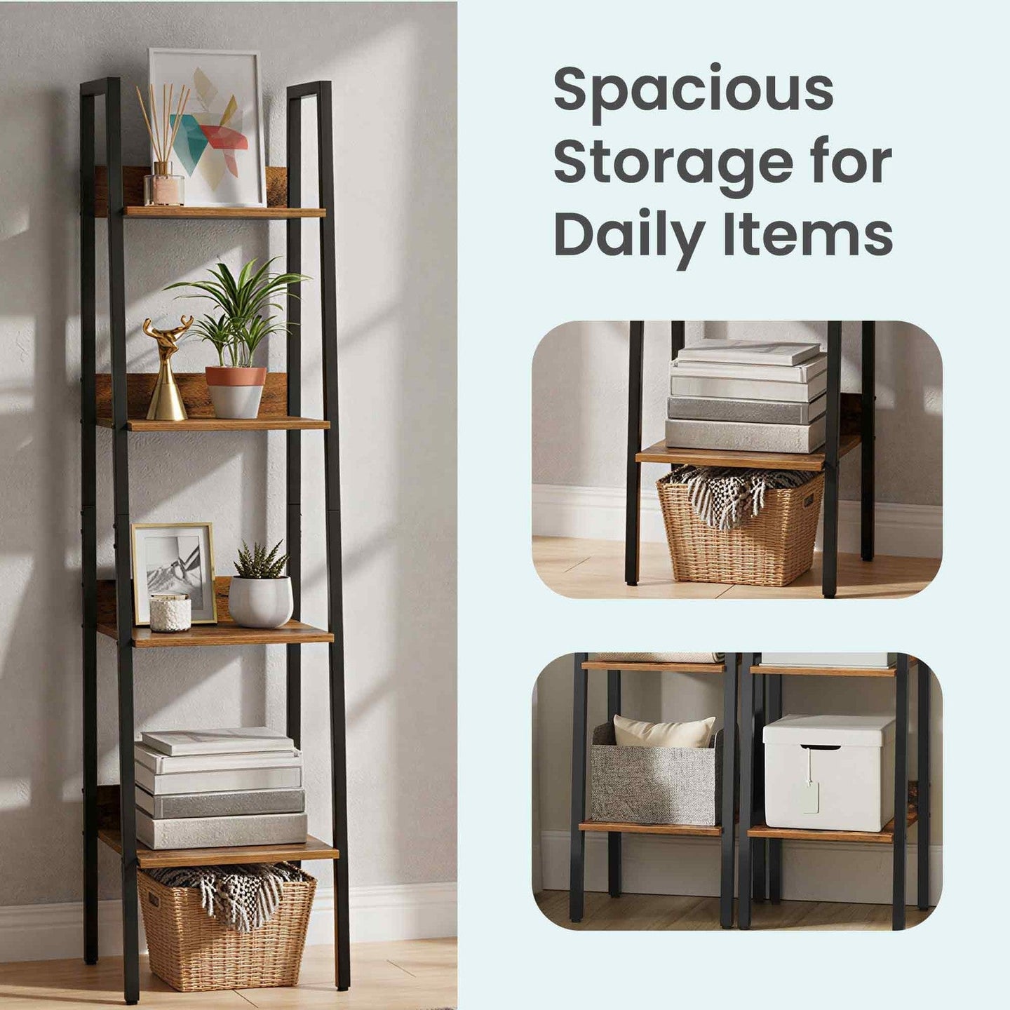 4-Tier Bookcase - Steel - Rustic Brown and Black - Freestanding Storage Shelf