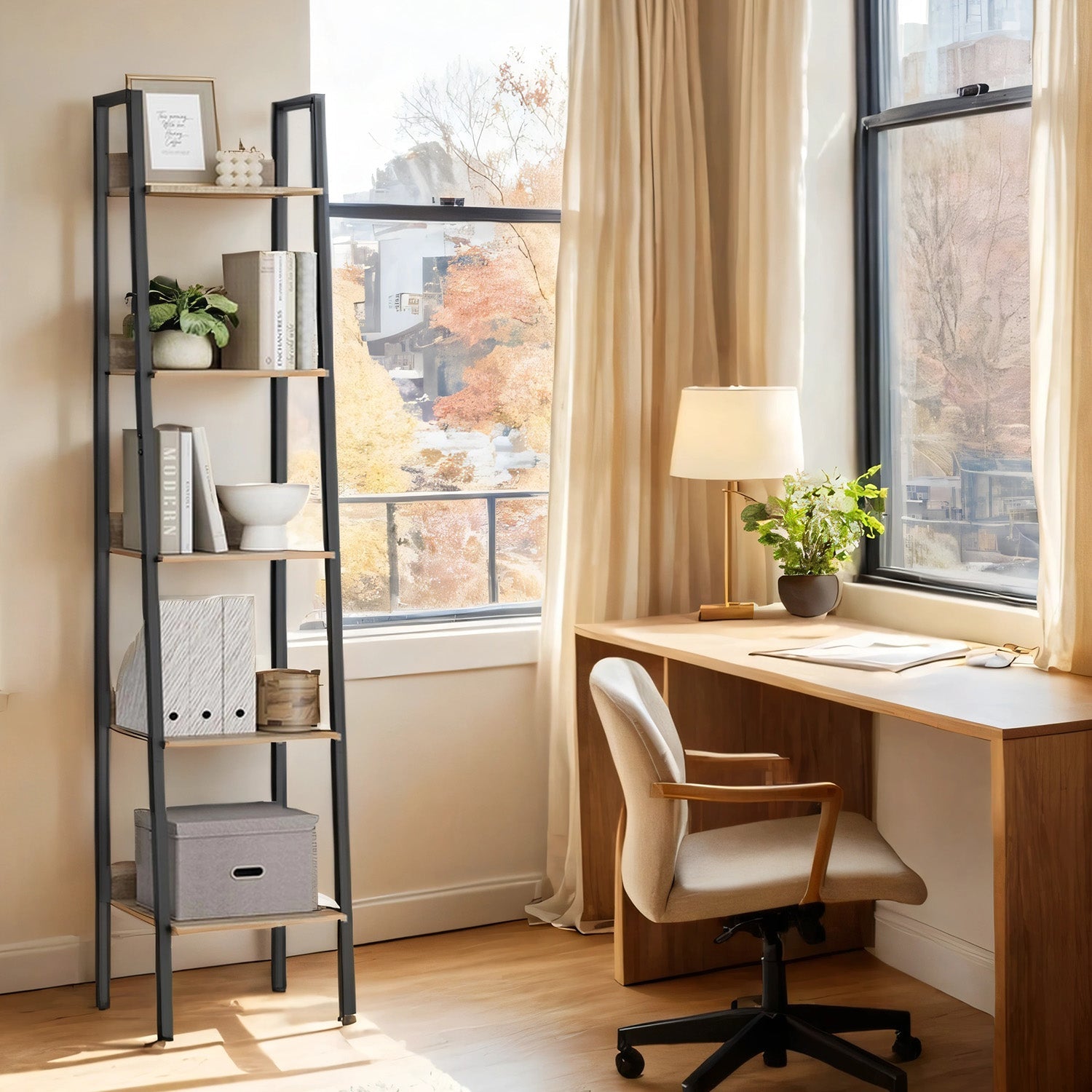 5-Tier Narrow Bookshelf - Wood - Rustic Brown - Ladder Design for Versatile Use