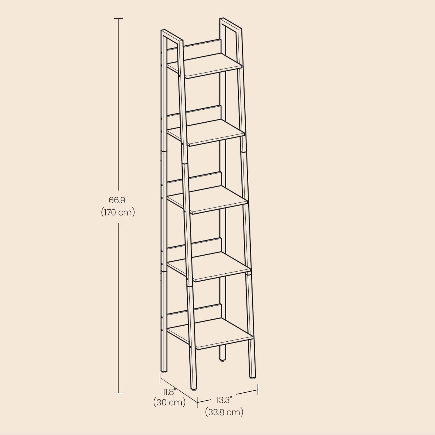 5-Tier Narrow Bookshelf - Wood - Rustic Brown - Ladder Design for Versatile Use