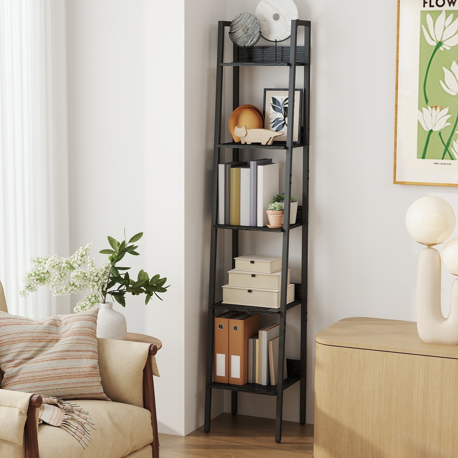 Narrow 5-Tier Bookshelf - Wood - Rustic Brown - Versatile Ladder Shelf for Home and Office