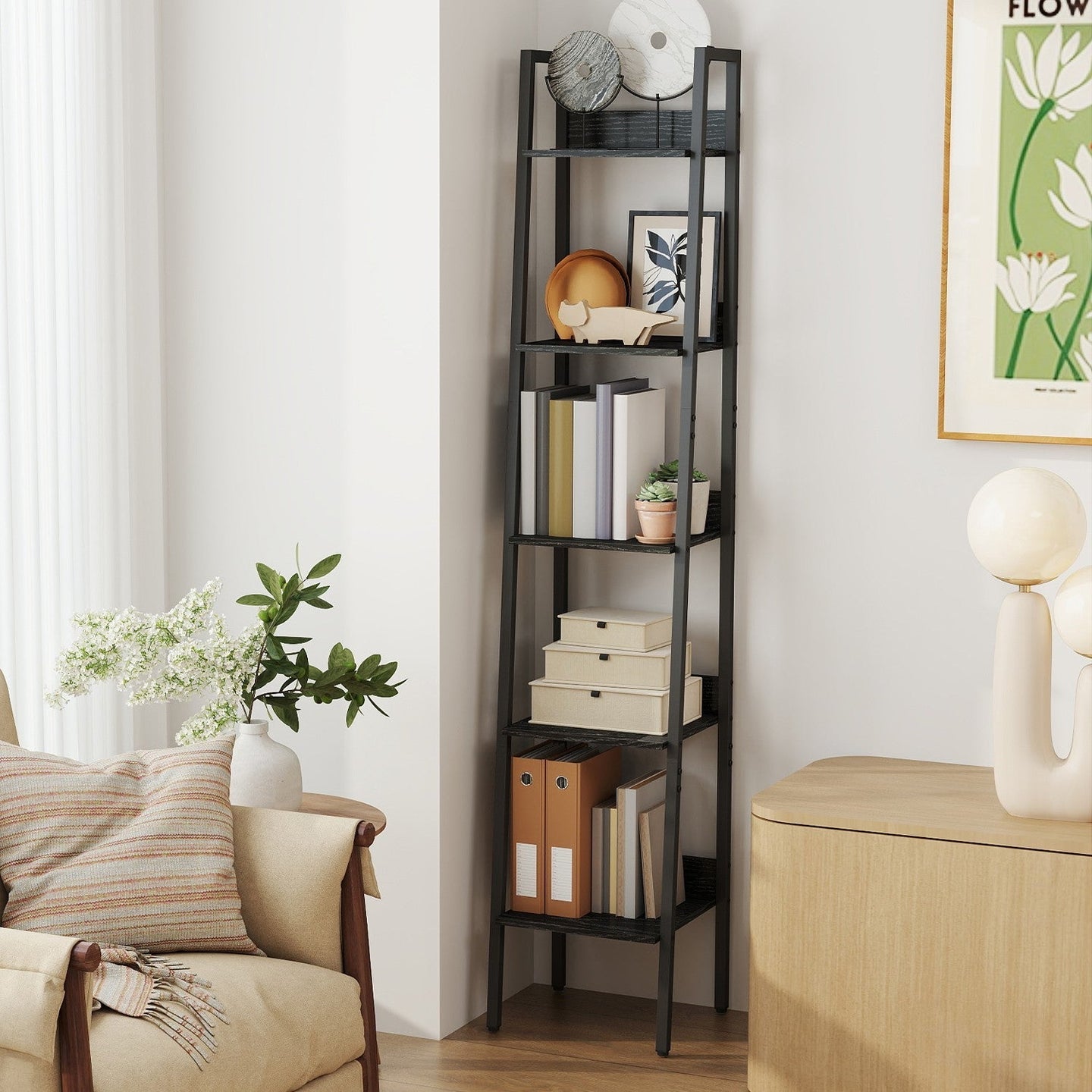Narrow 5-Tier Bookshelf - Wood - Rustic Brown - Versatile Ladder Shelf for Home and Office