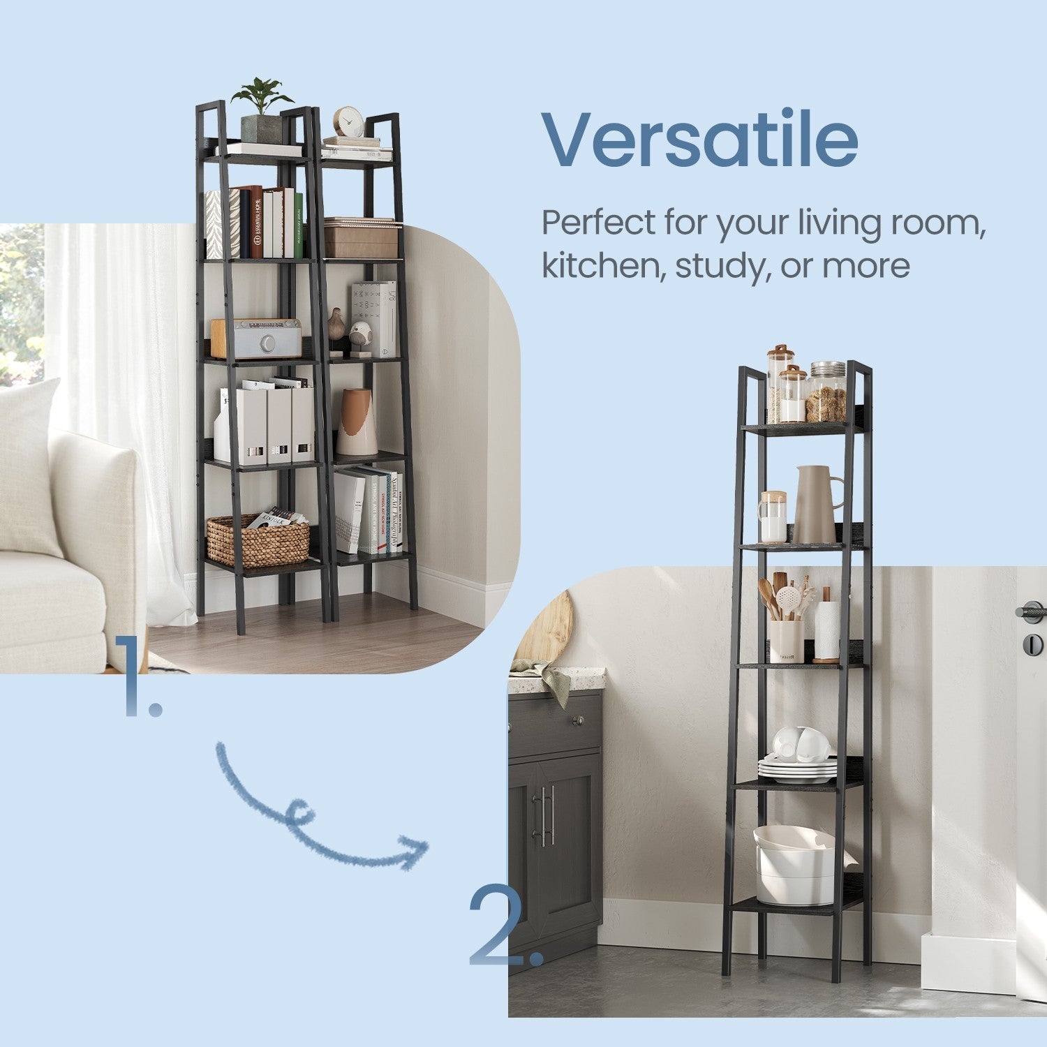 Narrow 5-Tier Bookshelf - Wood - Rustic Brown - Versatile Ladder Shelf for Home and Office