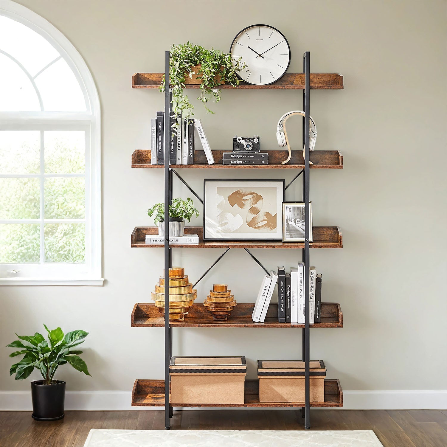 5-Tier Bookcase - Engineered Wood - Rustic Brown and Black - Spacious Storage Shelves