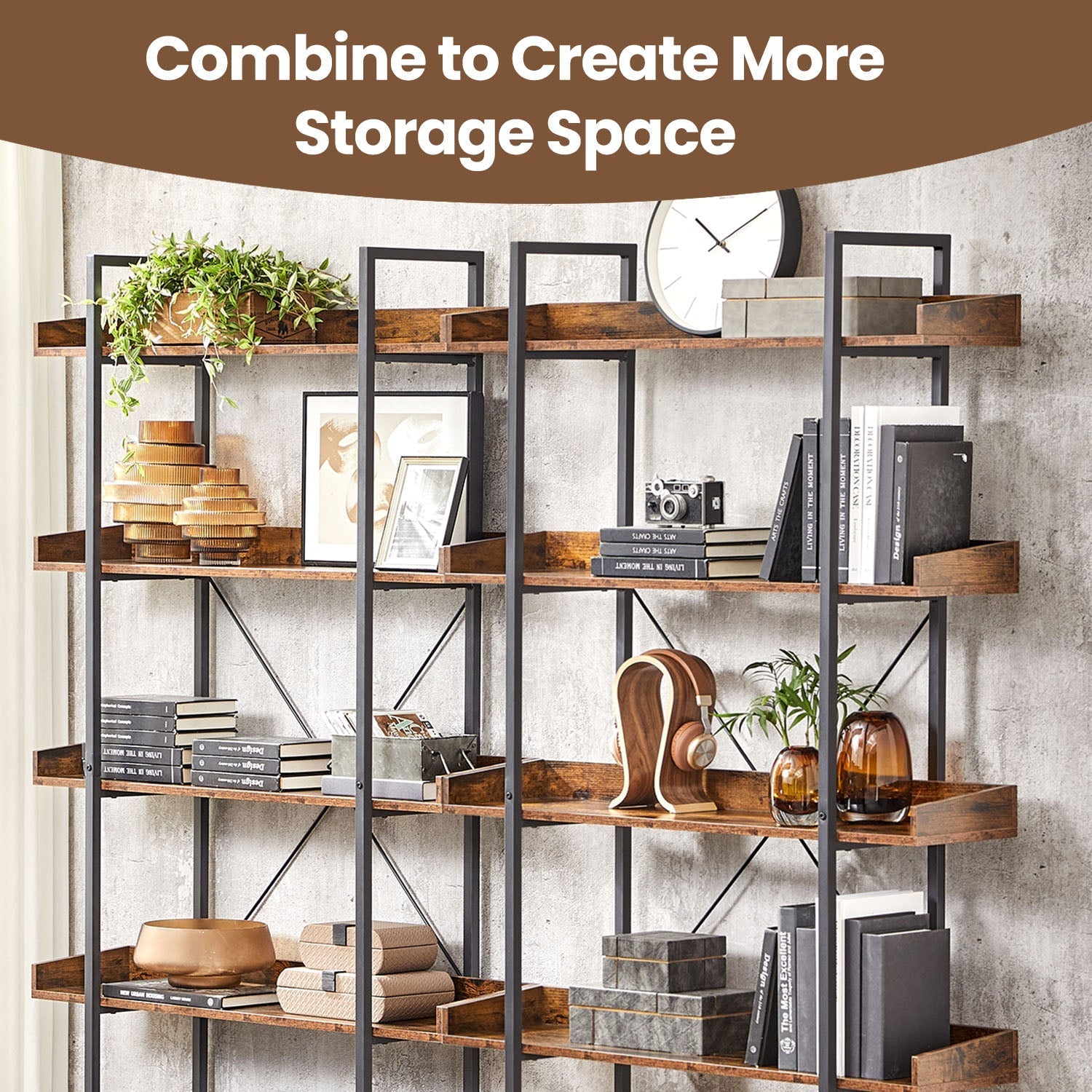 5-Tier Bookcase - Engineered Wood - Rustic Brown and Black - Spacious Storage Shelves