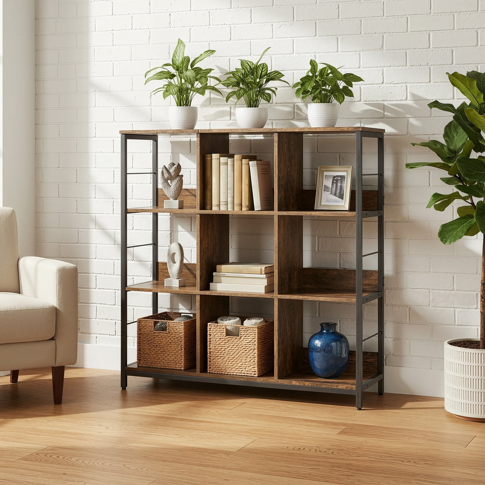 Ladder Shelf - 4-Tier Display Bookcase - Engineered Wood - Rustic Brown and Black