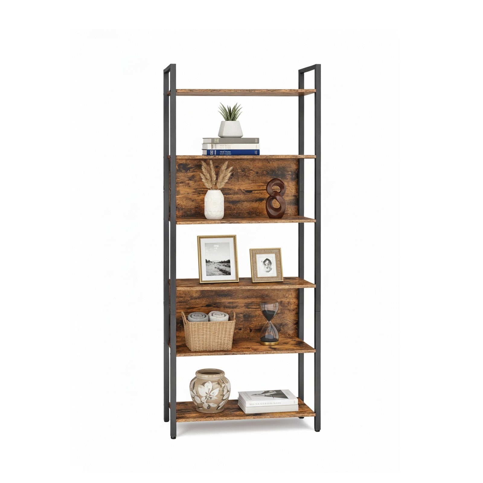 Storage Shelf - Wood and Steel - Rustic Brown - with 6 Shelves