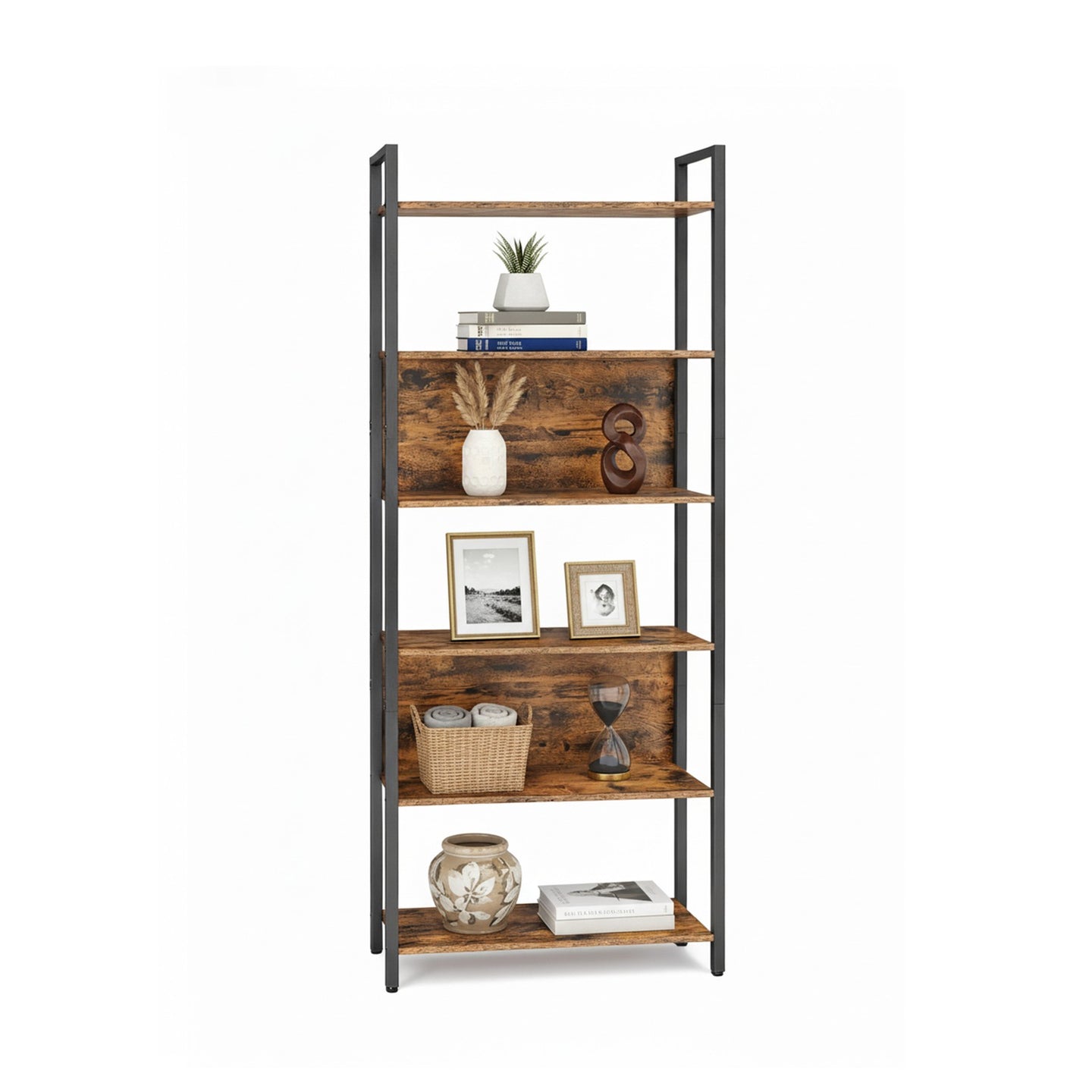 Storage Shelf - Wood and Steel - Rustic Brown - with 6 Shelves