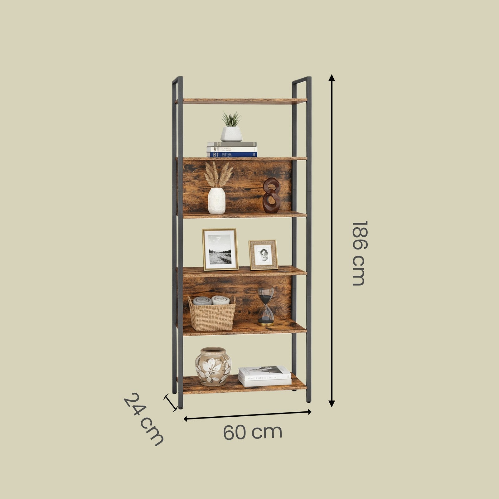 Storage Shelf - Wood and Steel - Rustic Brown - with 6 Shelves
