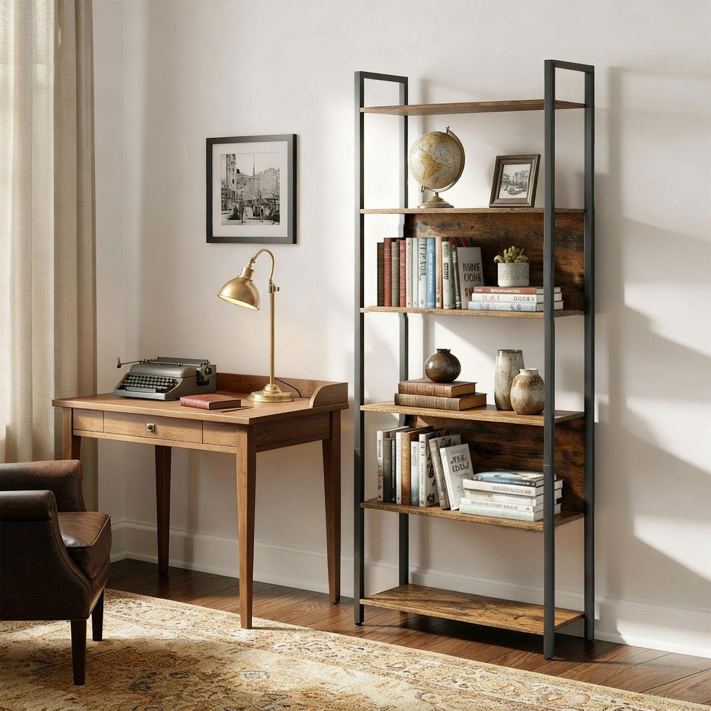 Storage Shelf - Wood and Steel - Rustic Brown - with 6 Shelves