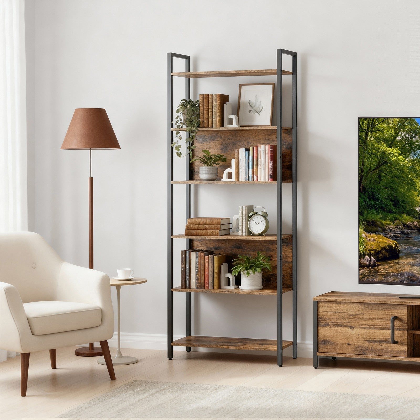 Storage Shelf - Wood and Steel - Rustic Brown - with 6 Shelves