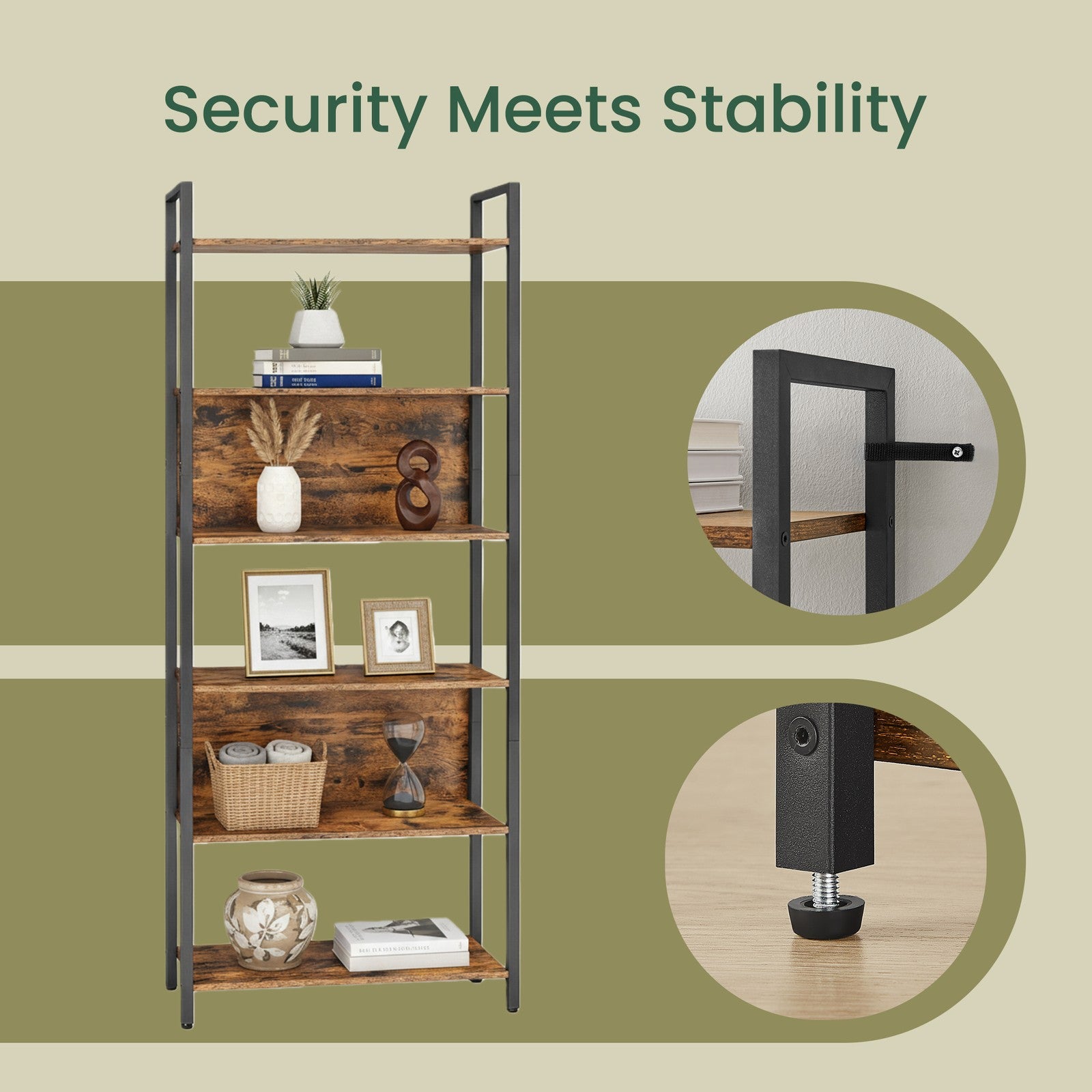 Storage Shelf - Wood and Steel - Rustic Brown - with 6 Shelves