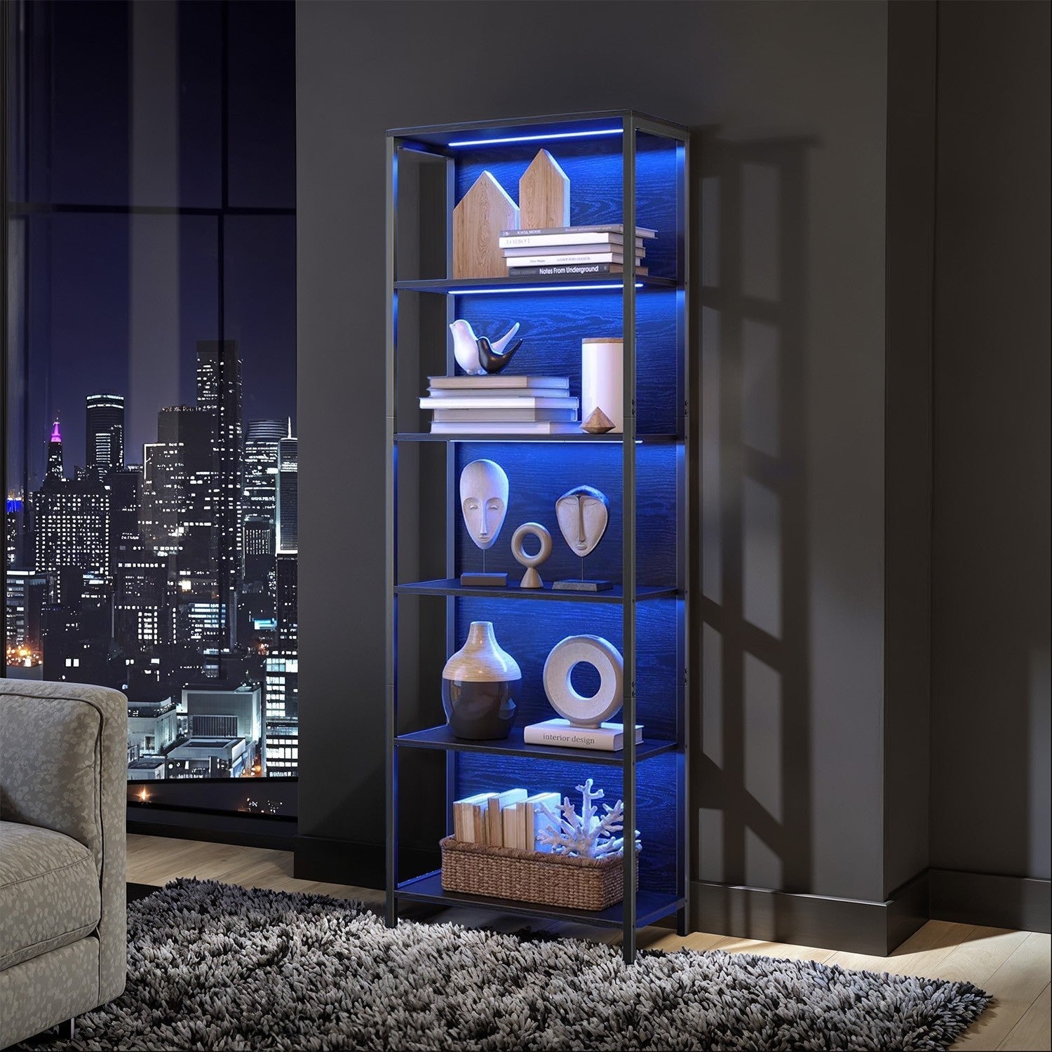 6-Tier Shelving Unit - Steel - Ebony Black - Dimmable LED Lighting