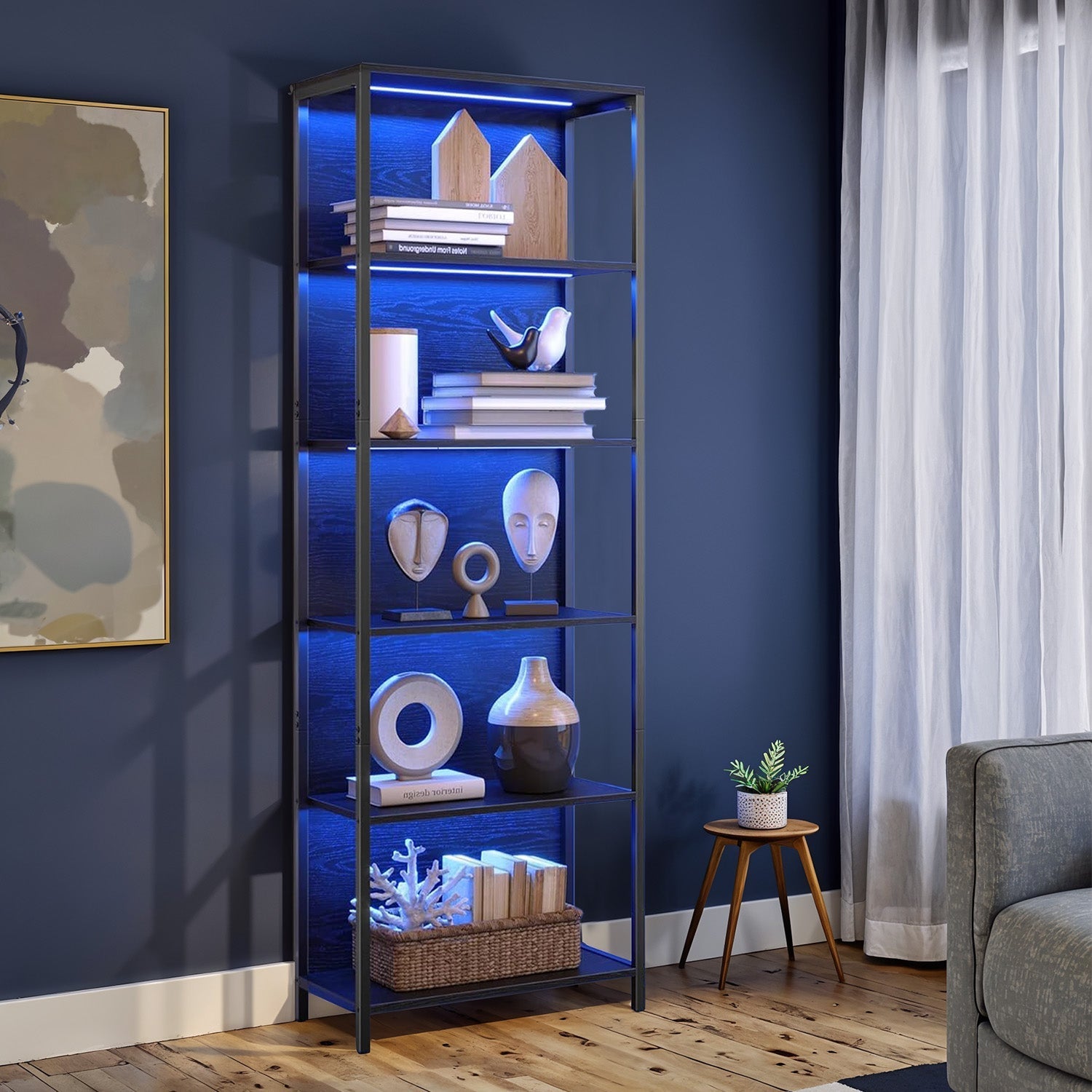 6-Tier Shelving Unit - Steel - Ebony Black - Dimmable LED Lighting
