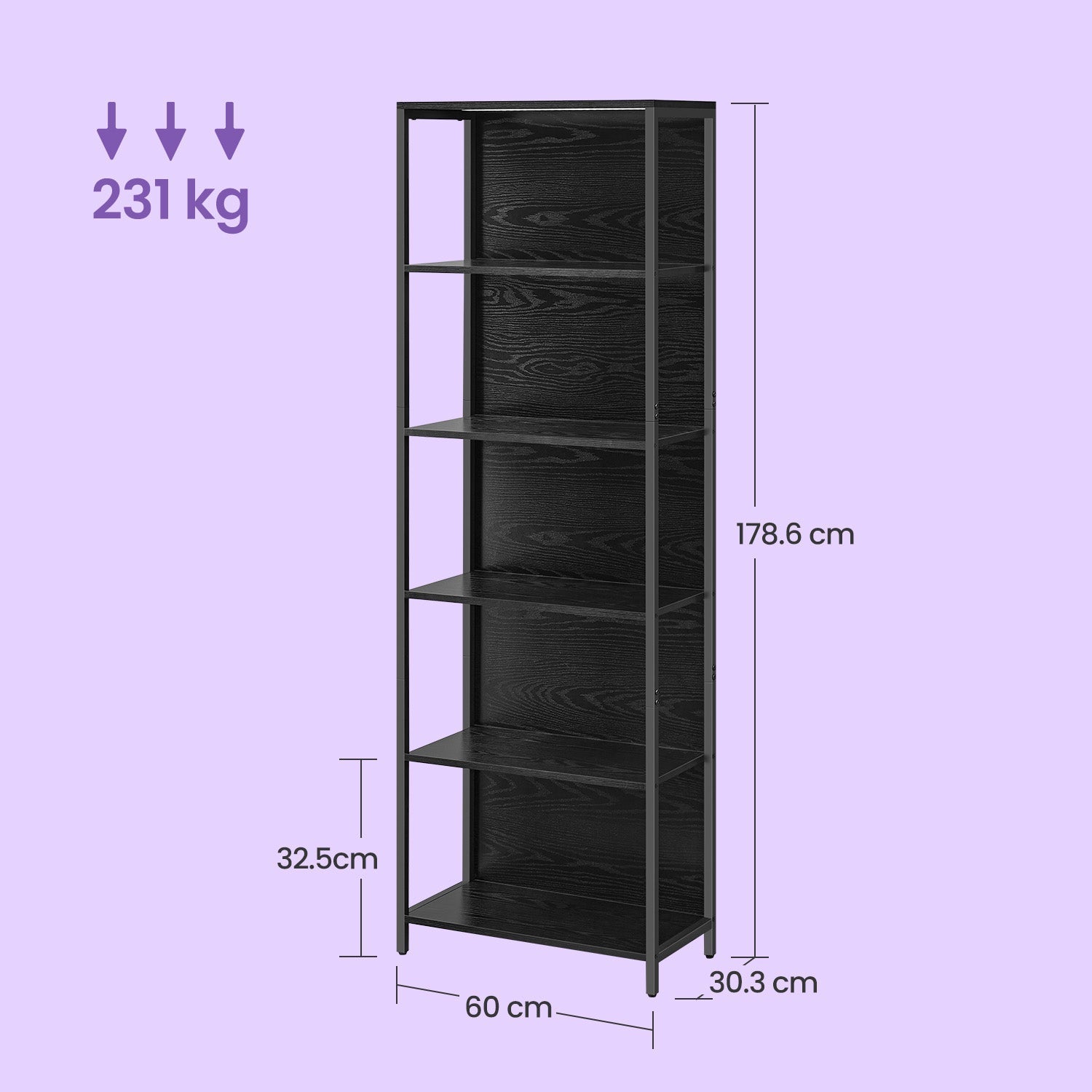 6-Tier Shelving Unit - Steel - Ebony Black - Dimmable LED Lighting