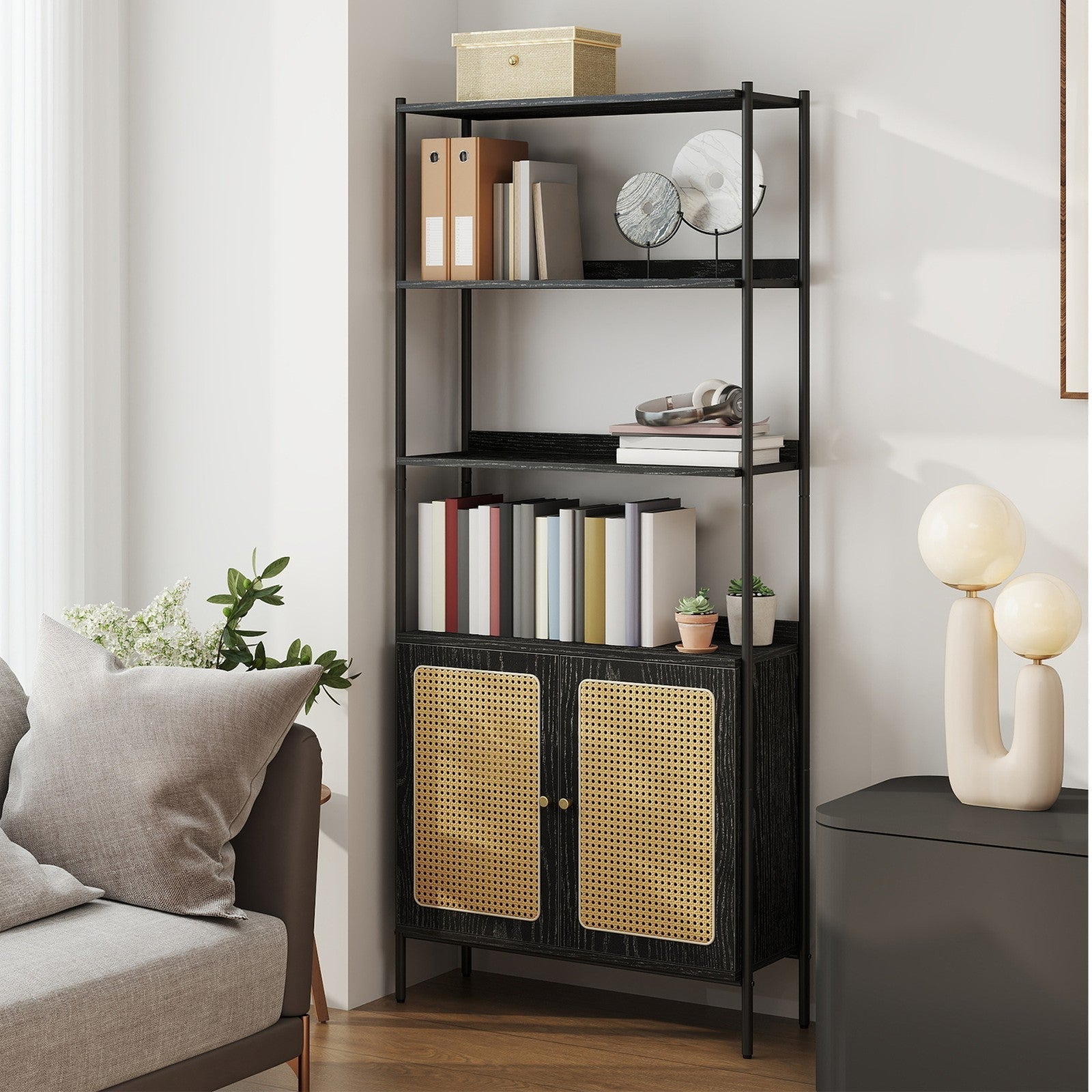 6-Tier Bookshelf - Metal Frame - Oak Beige - Adjustable Shelves with Rattan-Like Doors