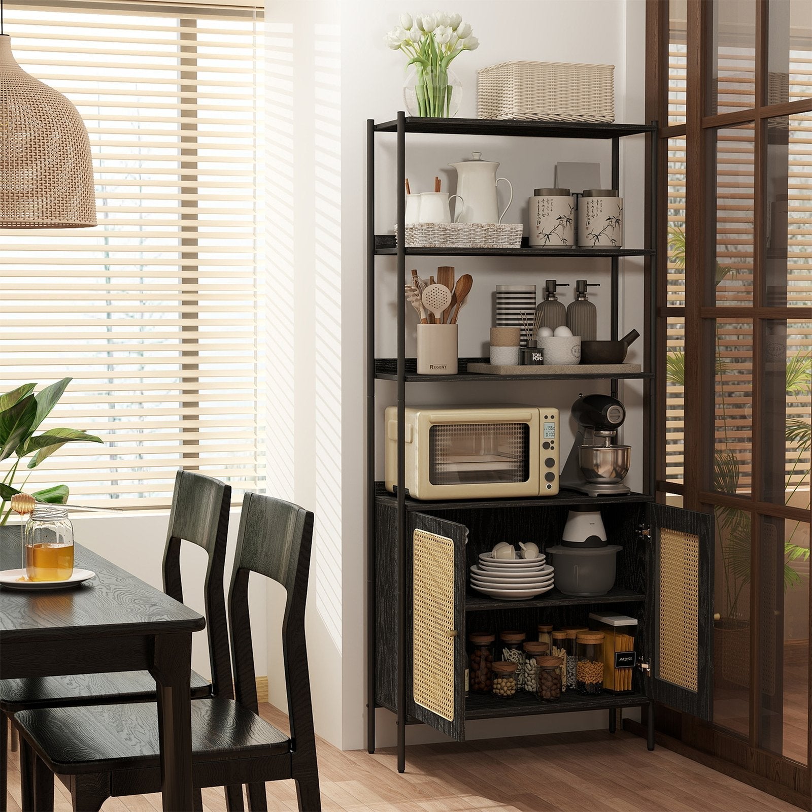 6-Tier Bookshelf - Metal Frame - Oak Beige - Adjustable Shelves with Rattan-Like Doors