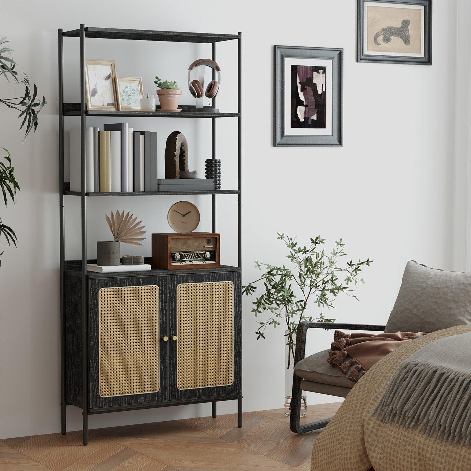 6-Tier Bookshelf - Metal Frame - Oak Beige - Adjustable Shelves with Rattan-Like Doors