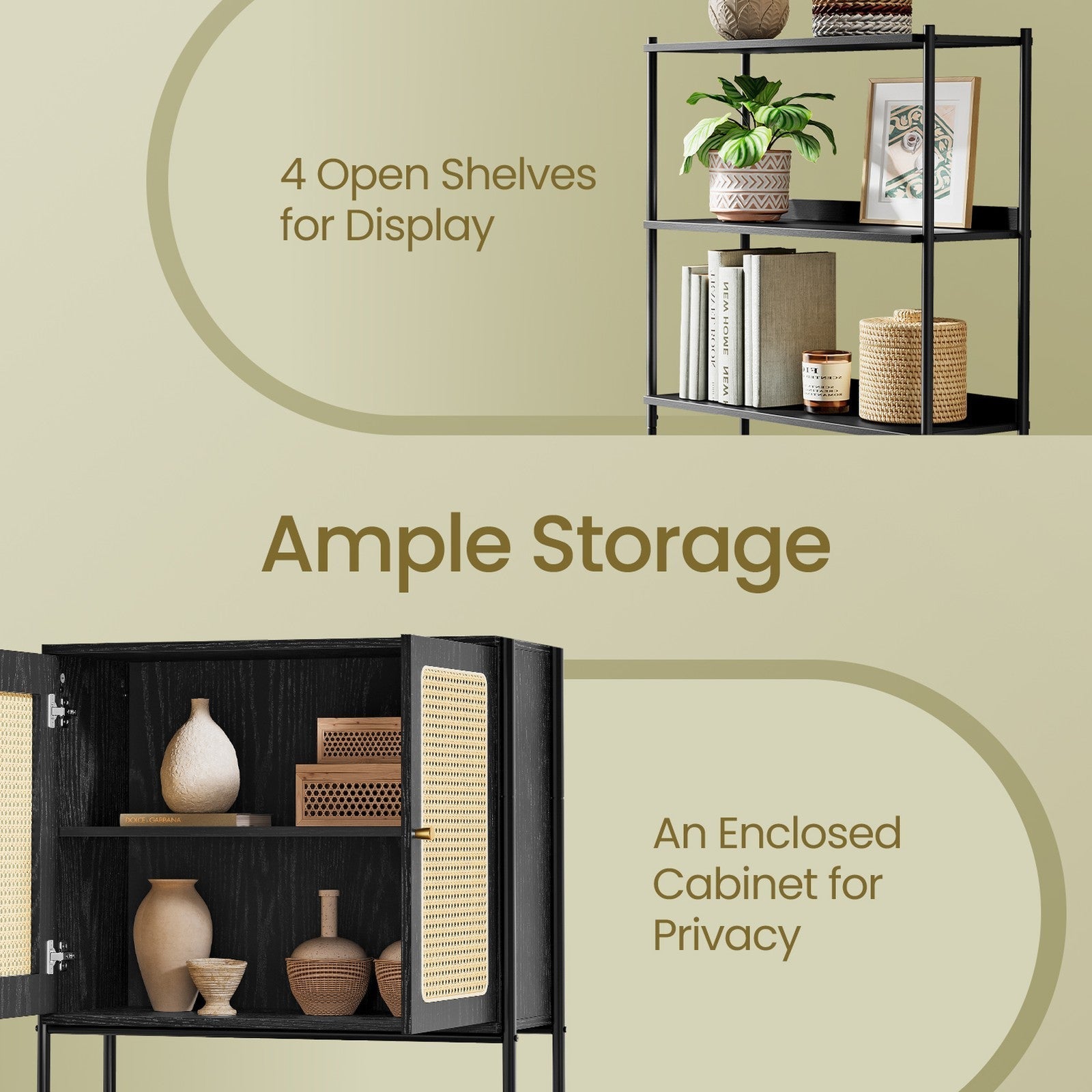 6-Tier Bookshelf - Metal Frame - Oak Beige - Adjustable Shelves with Rattan-Like Doors