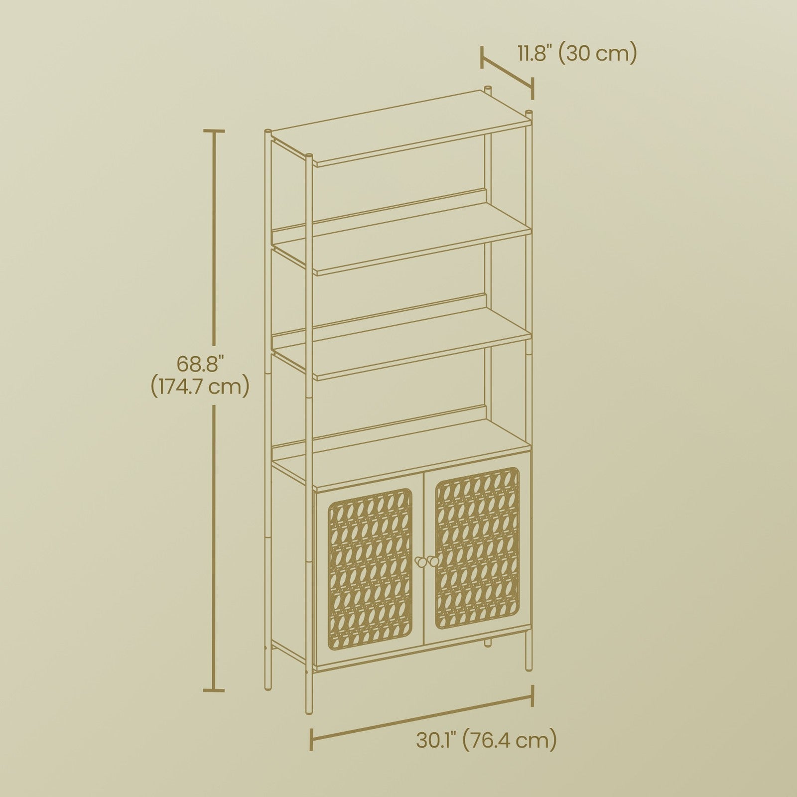 6-Tier Bookshelf - Metal Frame - Oak Beige - Adjustable Shelves with Rattan-Like Doors