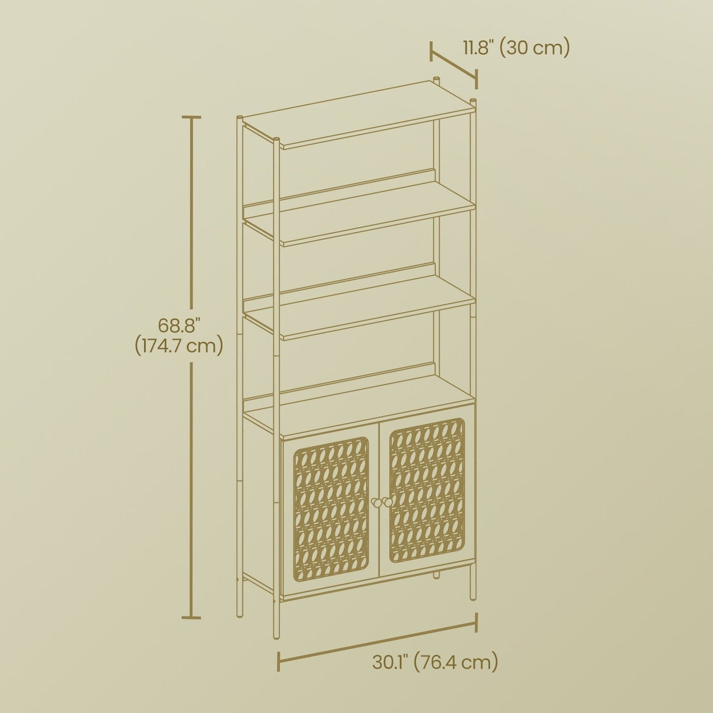 6-Tier Bookshelf - Metal Frame - Oak Beige - Adjustable Shelves with Rattan-Like Doors
