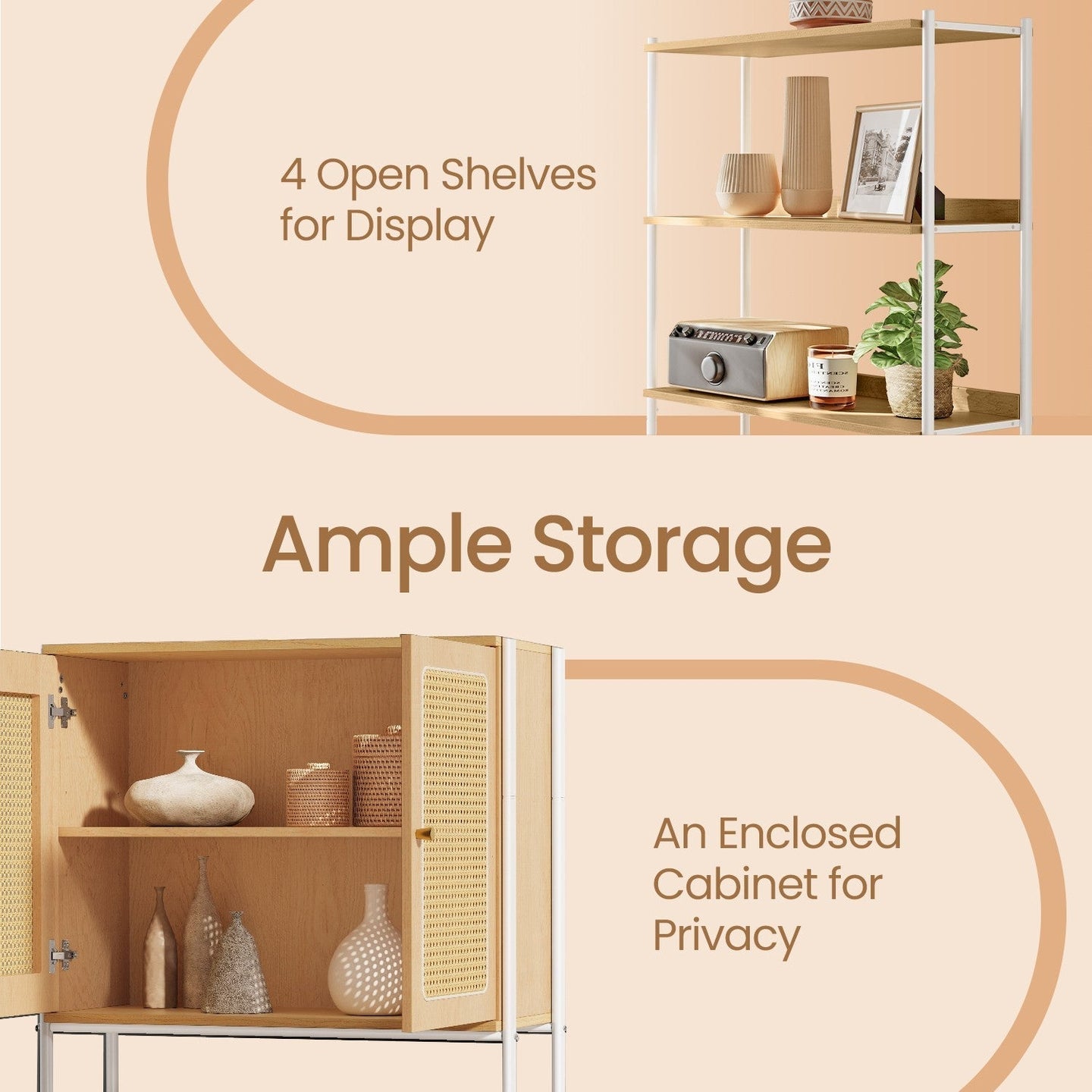 6-Tier Bookshelf - Metal Frame - Oak Beige - Adjustable Shelves with Rattan-Like Doors
