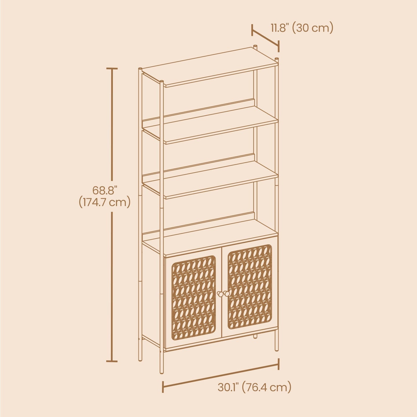 6-Tier Bookshelf - Metal Frame - Oak Beige - Adjustable Shelves with Rattan-Like Doors