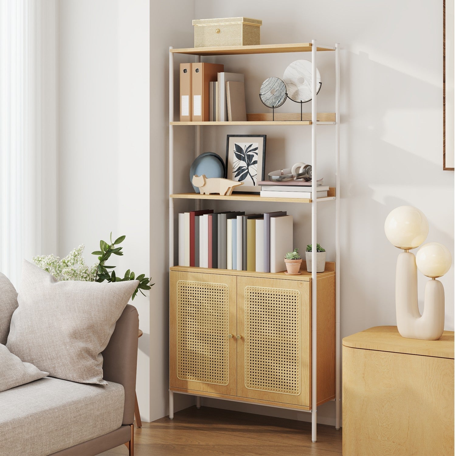 6-Tier Bookshelf - Metal Frame - Oak Beige - Adjustable Shelves with Rattan-Like Doors