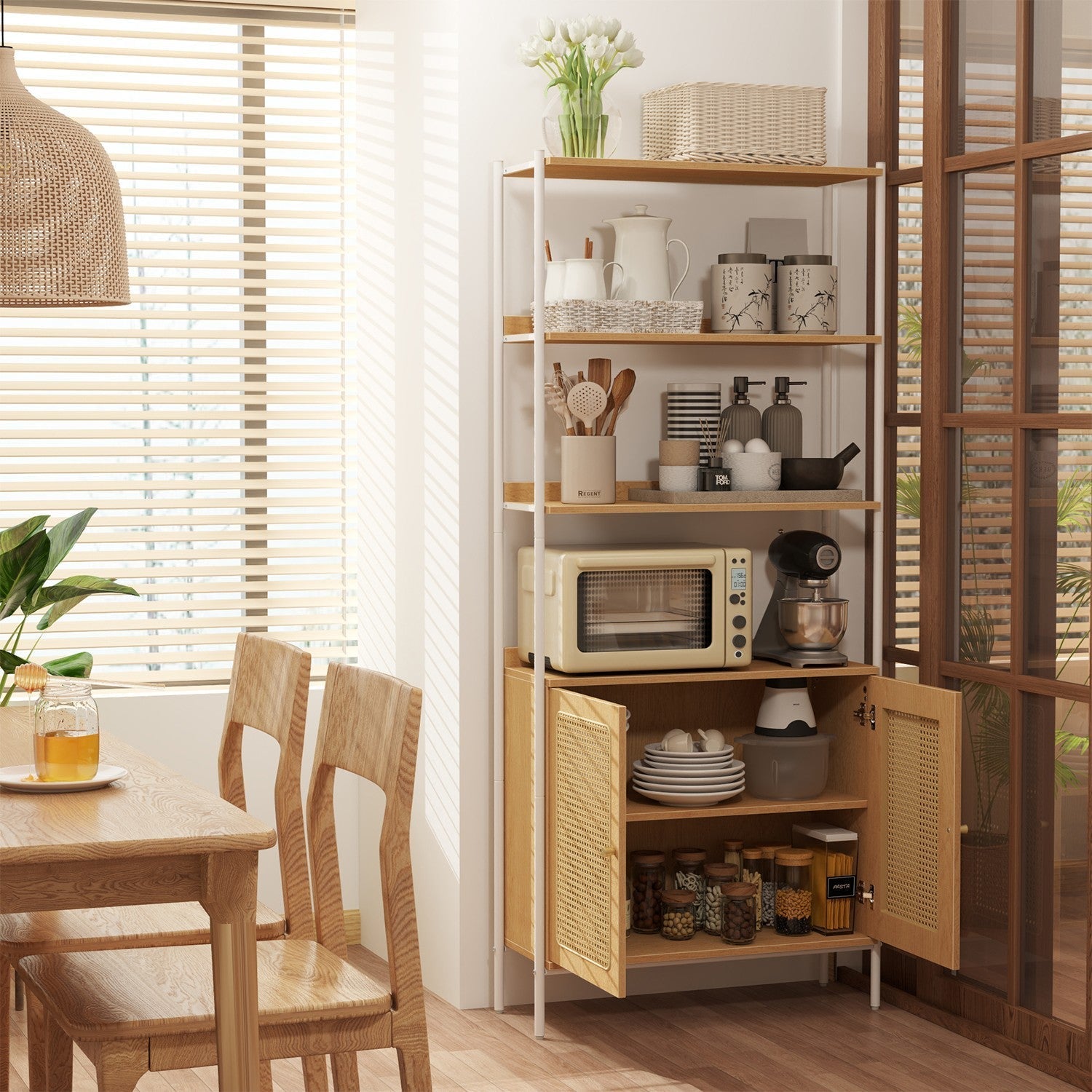 6-Tier Bookshelf - Metal Frame - Oak Beige - Adjustable Shelves with Rattan-Like Doors
