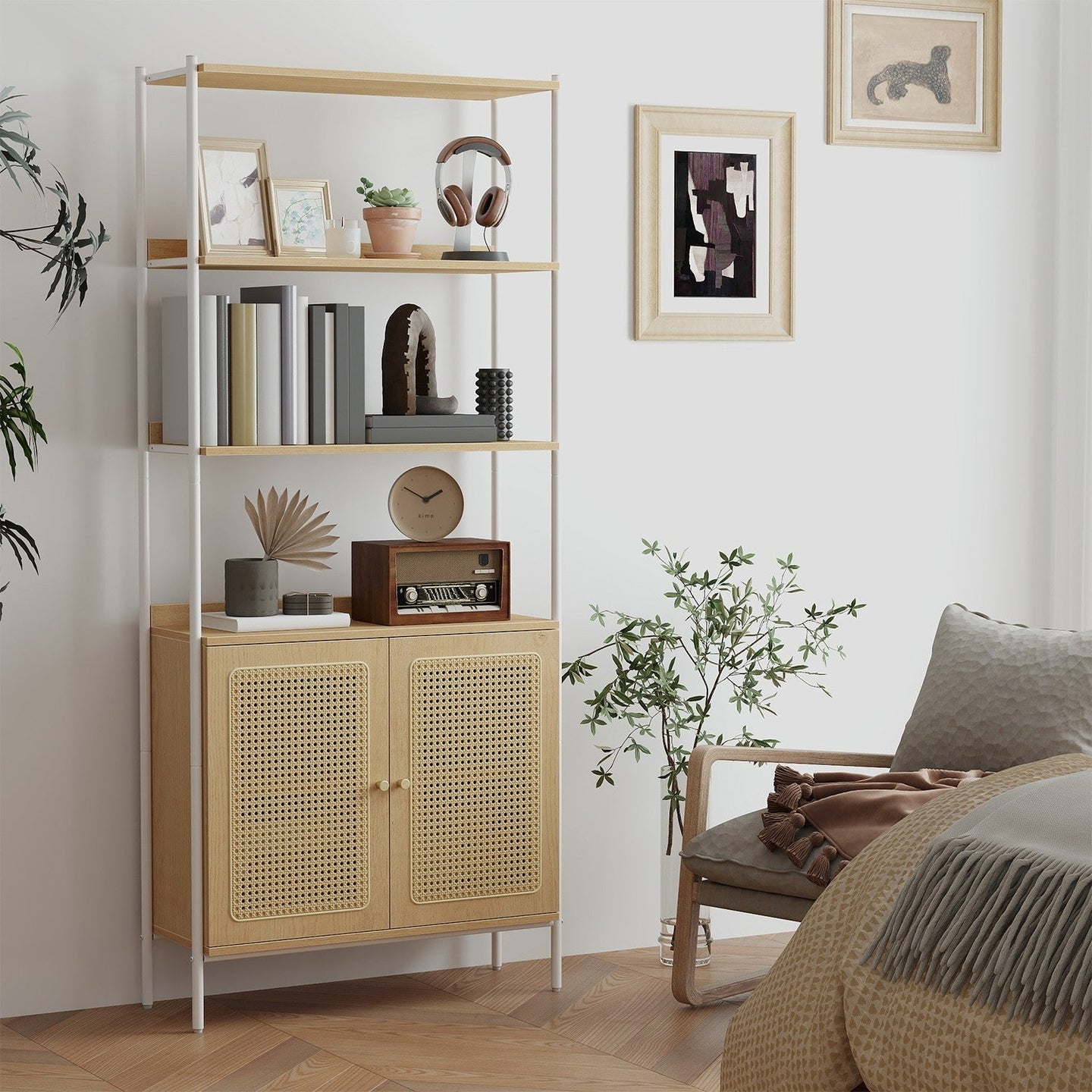 6-Tier Bookshelf - Metal Frame - Oak Beige - Adjustable Shelves with Rattan-Like Doors