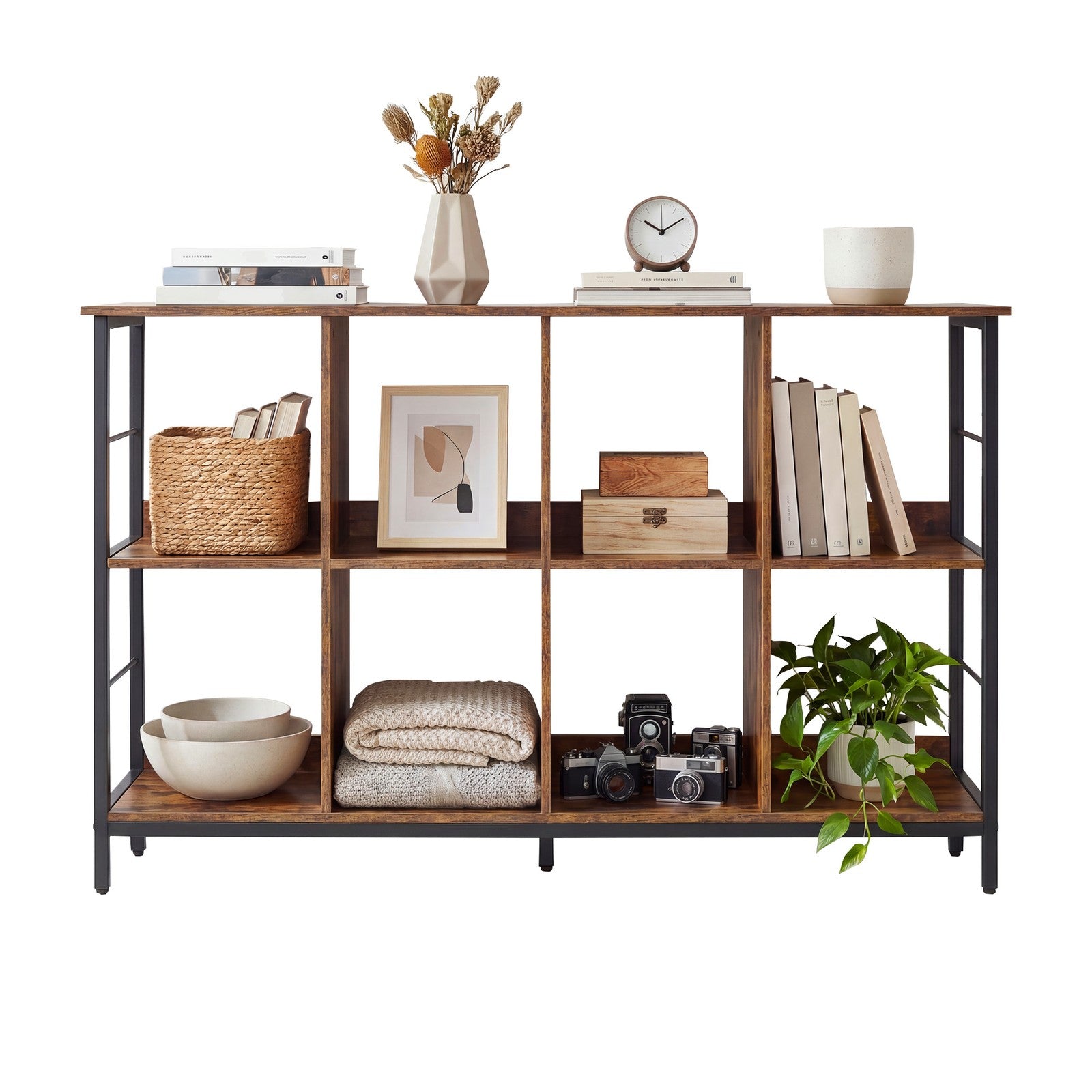Bookshelf - Particleboard and Steel - Brown - with 8 Storage Cubes