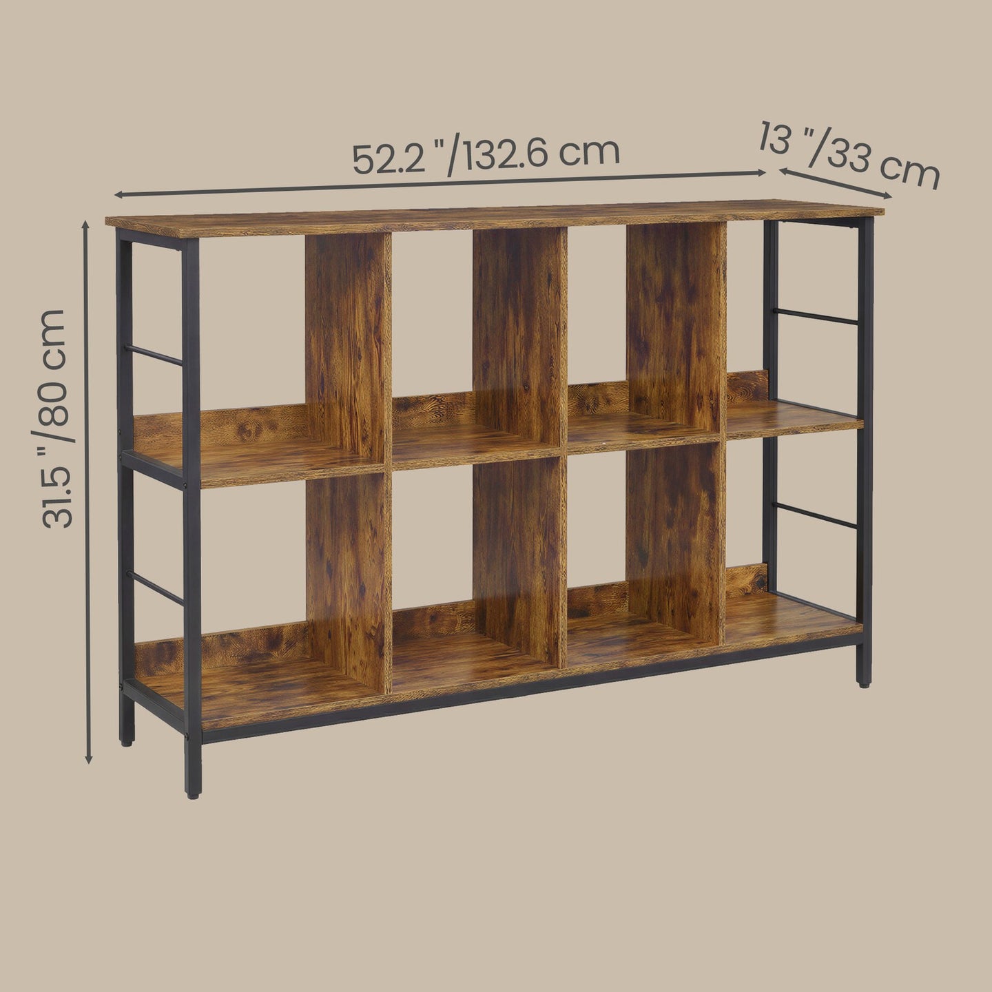 Bookshelf - Particleboard and Steel - Brown - with 8 Storage Cubes