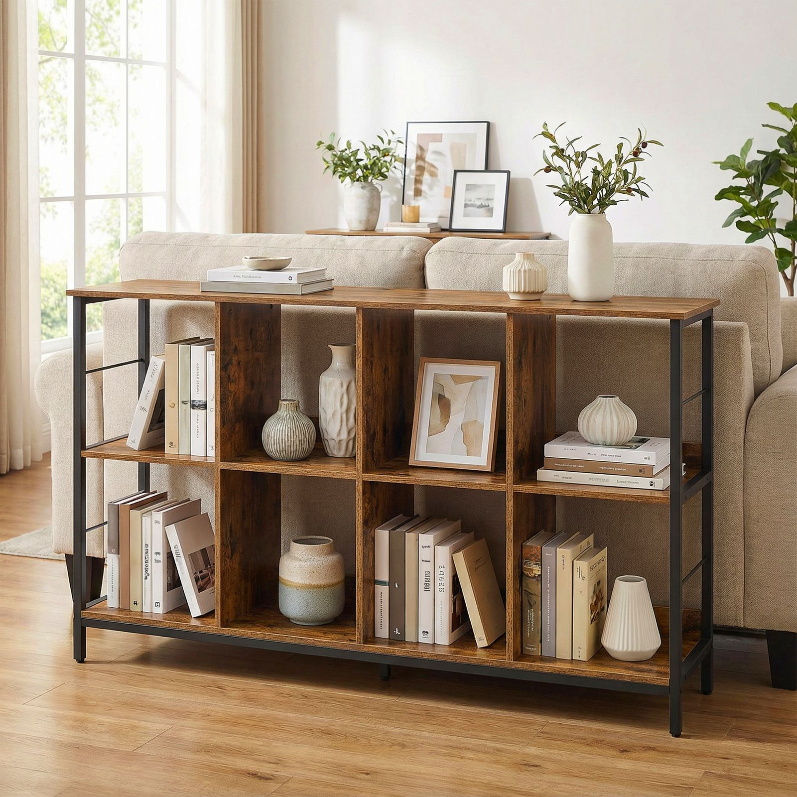 Bookshelf - Particleboard and Steel - Brown - with 8 Storage Cubes