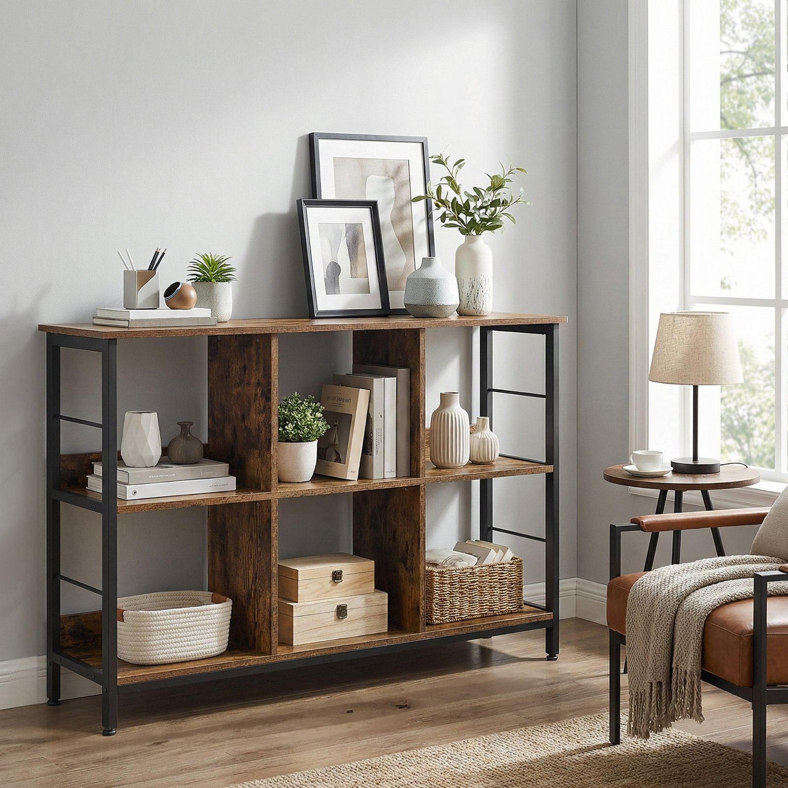 Bookshelf - Particleboard and Steel - Brown - with 8 Storage Cubes