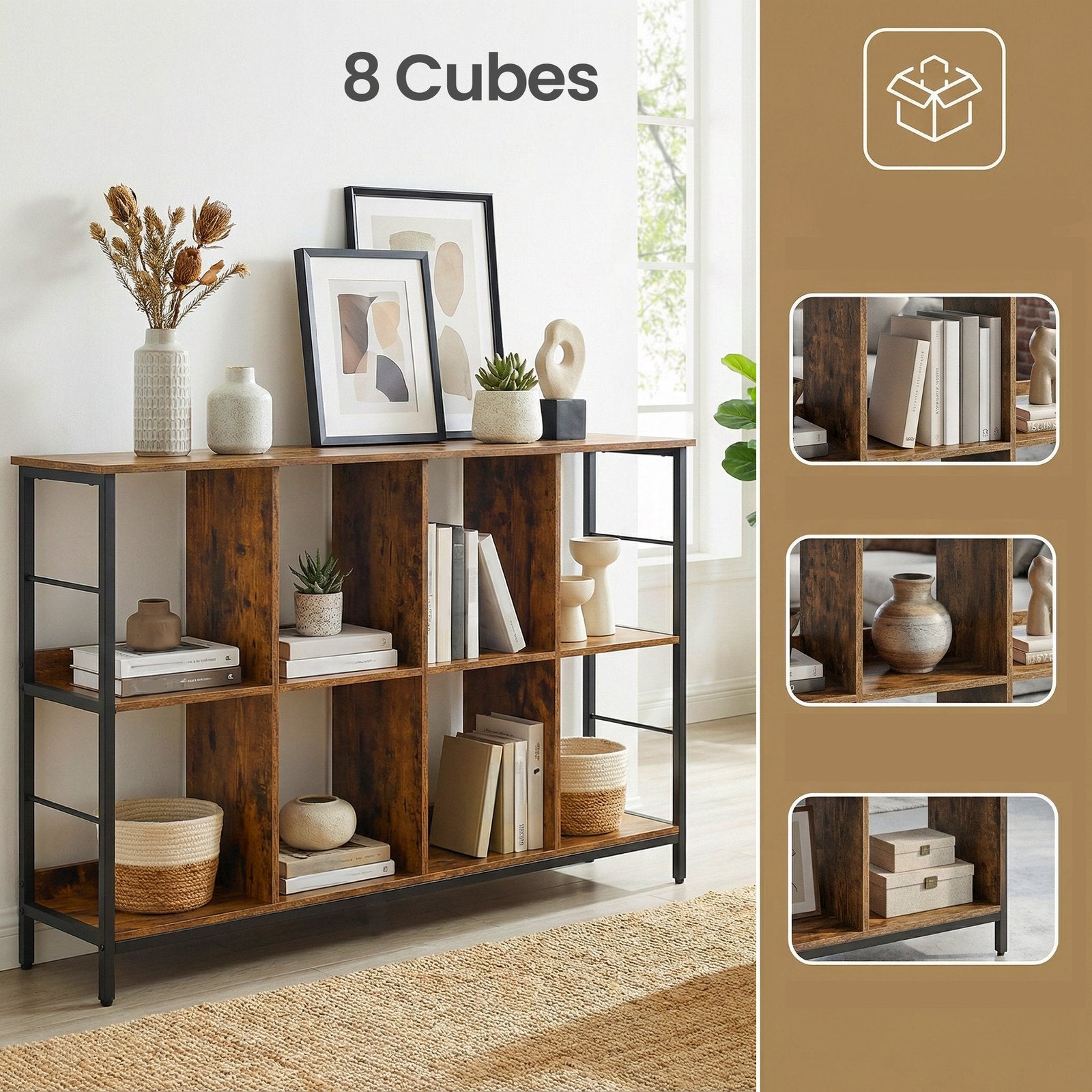 Bookshelf - Particleboard and Steel - Brown - with 8 Storage Cubes
