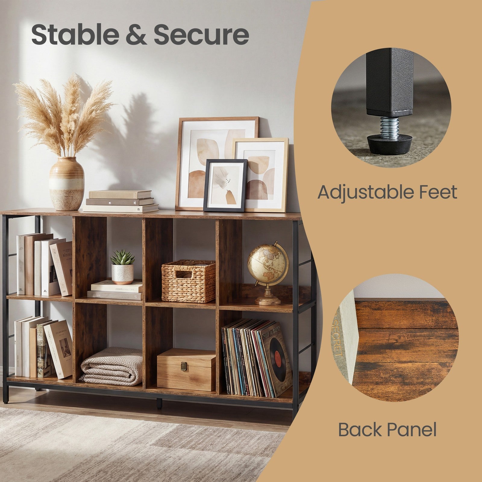 Bookshelf - Particleboard and Steel - Brown - with 8 Storage Cubes
