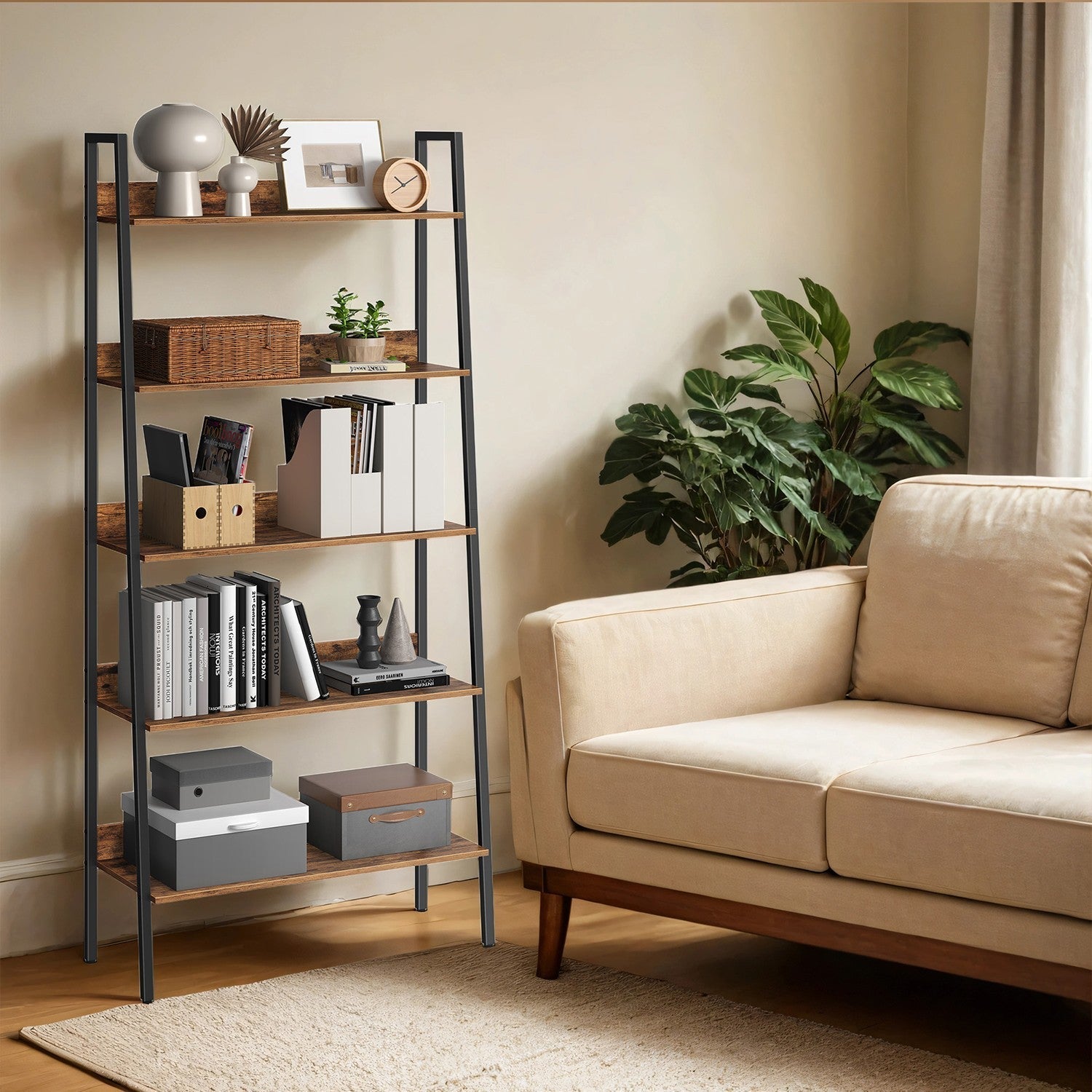 5-Tier Ladder Shelf - Metal - Rustic Brown and Black - Freestanding Bookshelf for Home Office and Living Space