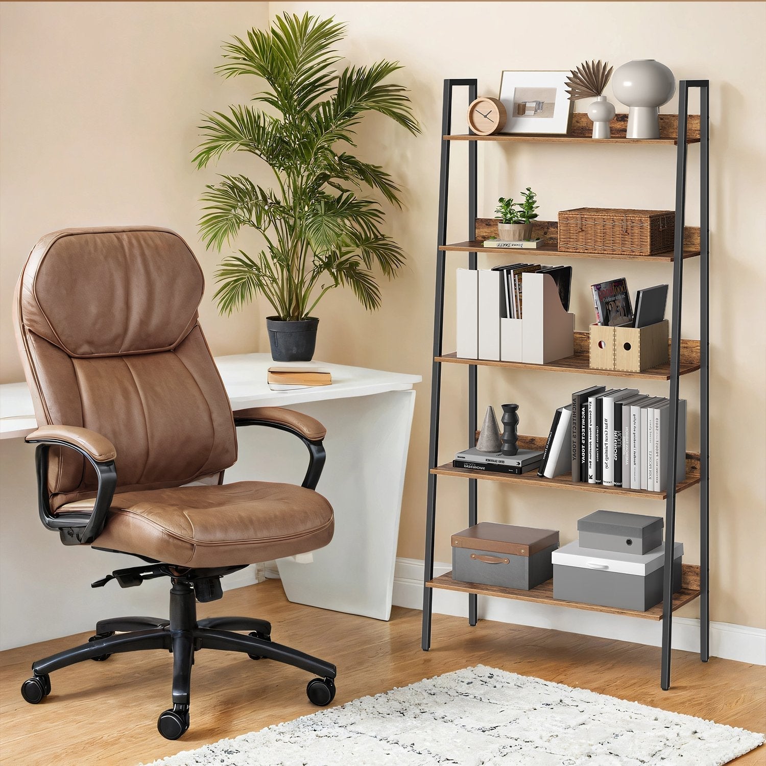 5-Tier Ladder Shelf - Metal - Rustic Brown and Black - Freestanding Bookshelf for Home Office and Living Space