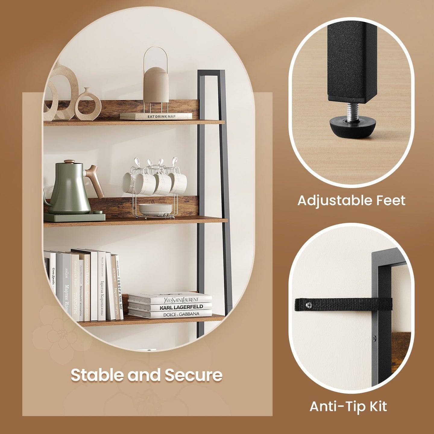 5-Tier Ladder Shelf - Metal - Rustic Brown and Black - Freestanding Bookshelf for Home Office and Living Space