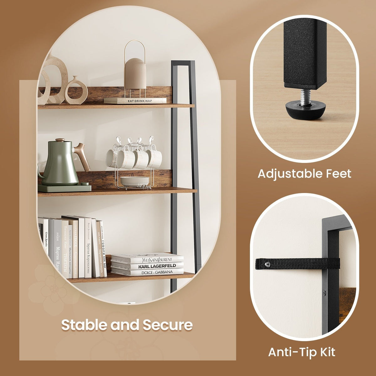 5-Tier Ladder Shelf - Metal - Rustic Brown and Black - Freestanding Bookshelf for Home Office and Living Space