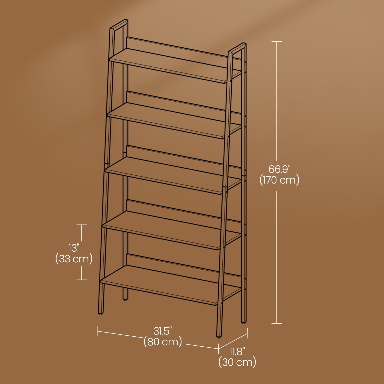 5-Tier Ladder Shelf - Metal - Rustic Brown and Black - Freestanding Bookshelf for Home Office and Living Space