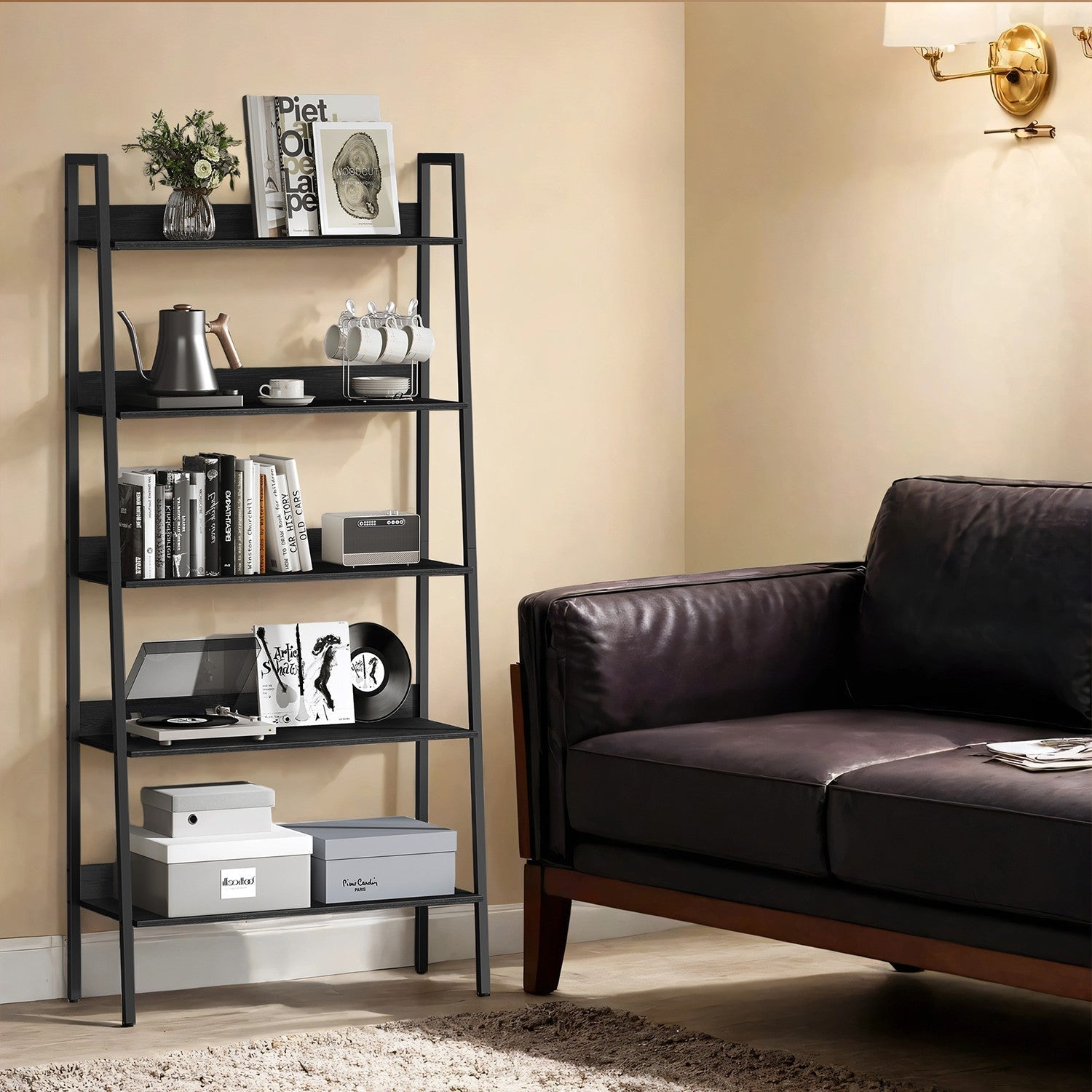 5-Tier Ladder Shelf - Metal - Rustic Brown and Black - Freestanding Bookshelf for Home Office and Living Space