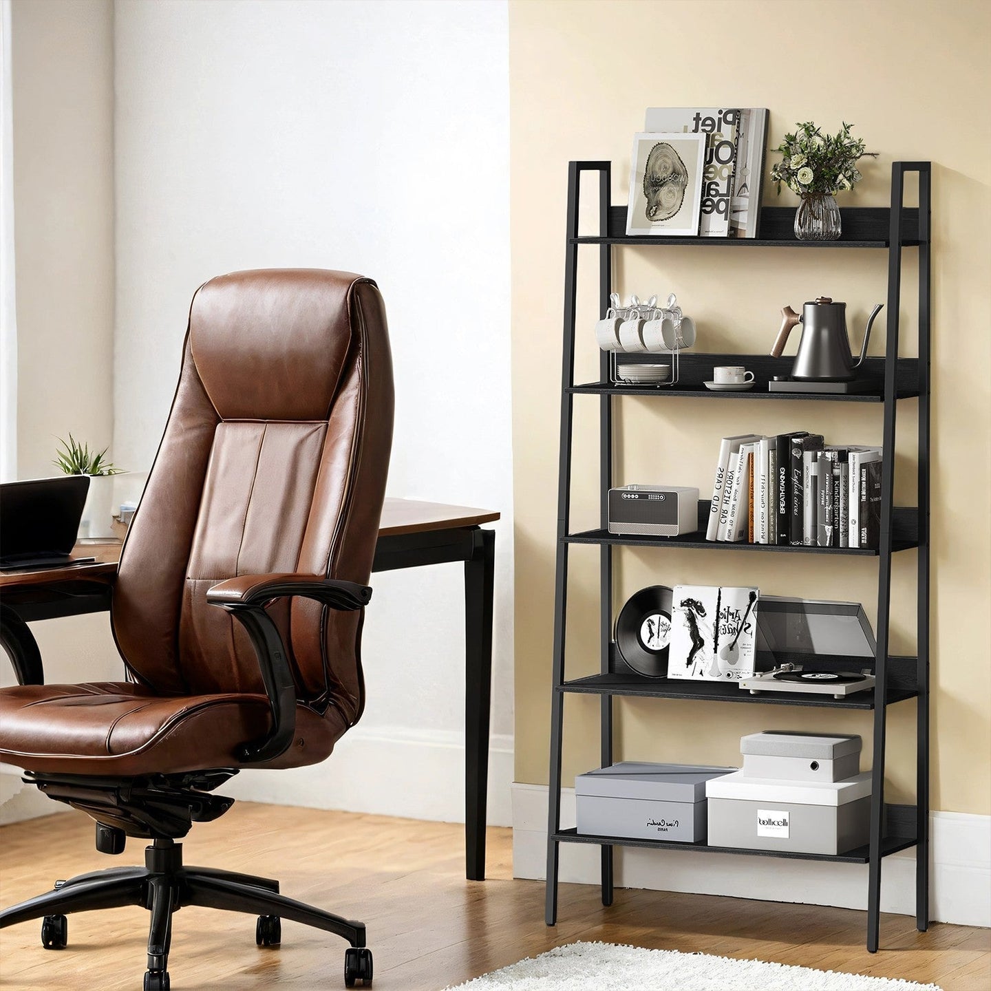 5-Tier Ladder Shelf - Metal - Rustic Brown and Black - Freestanding Bookshelf for Home Office and Living Space