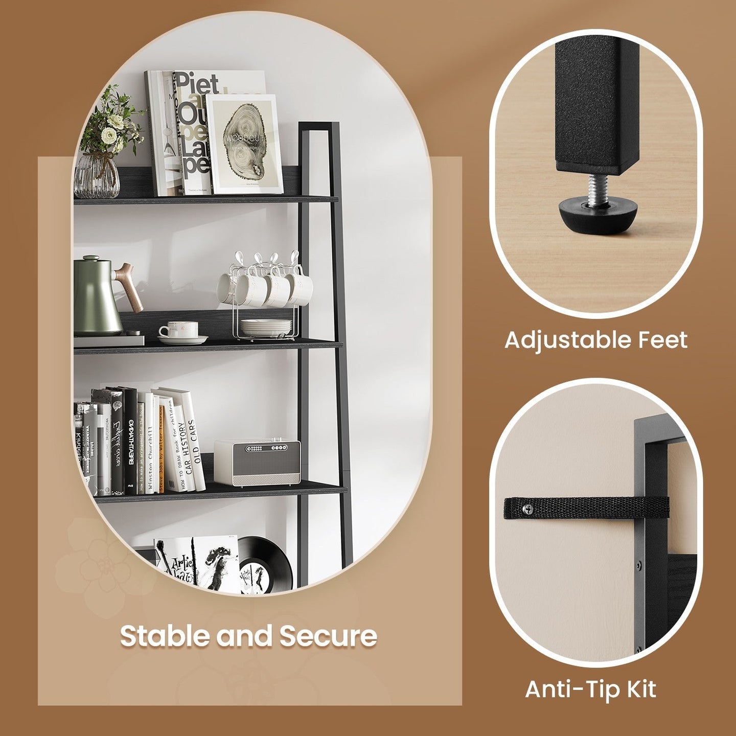 5-Tier Ladder Shelf - Metal - Rustic Brown and Black - Freestanding Bookshelf for Home Office and Living Space