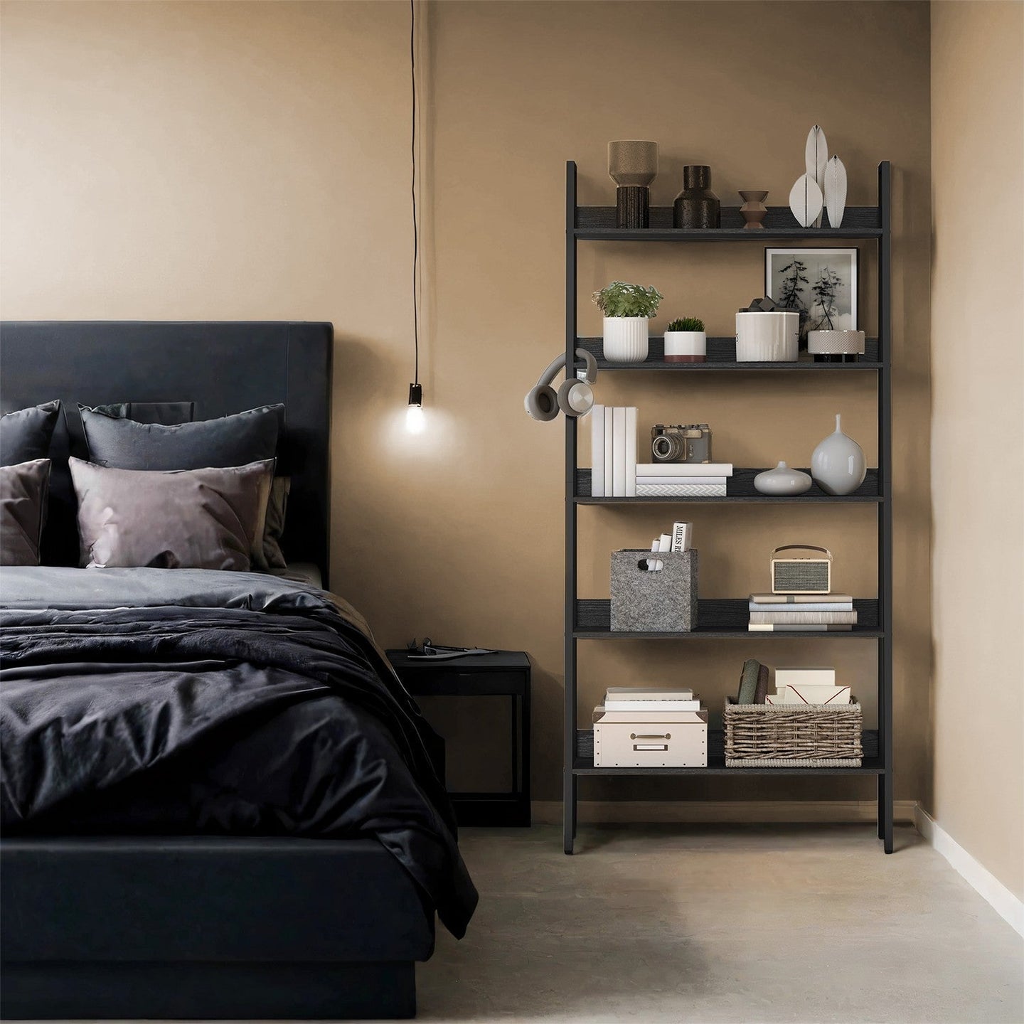 5-Tier Ladder Shelf - Metal - Rustic Brown and Black - Freestanding Bookshelf for Home Office and Living Space