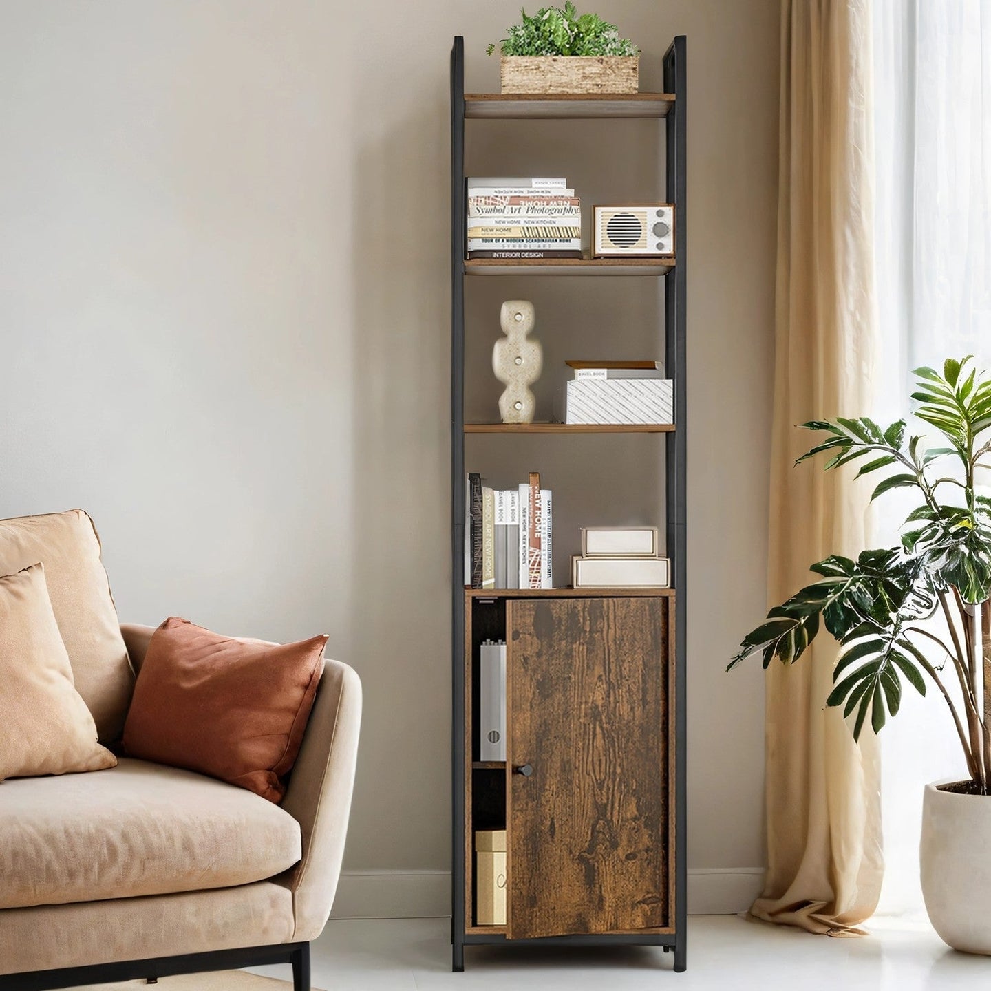 6-Tier Shelving Unit - Metal - Brown and Black - Adjustable Shelves with Cabinet