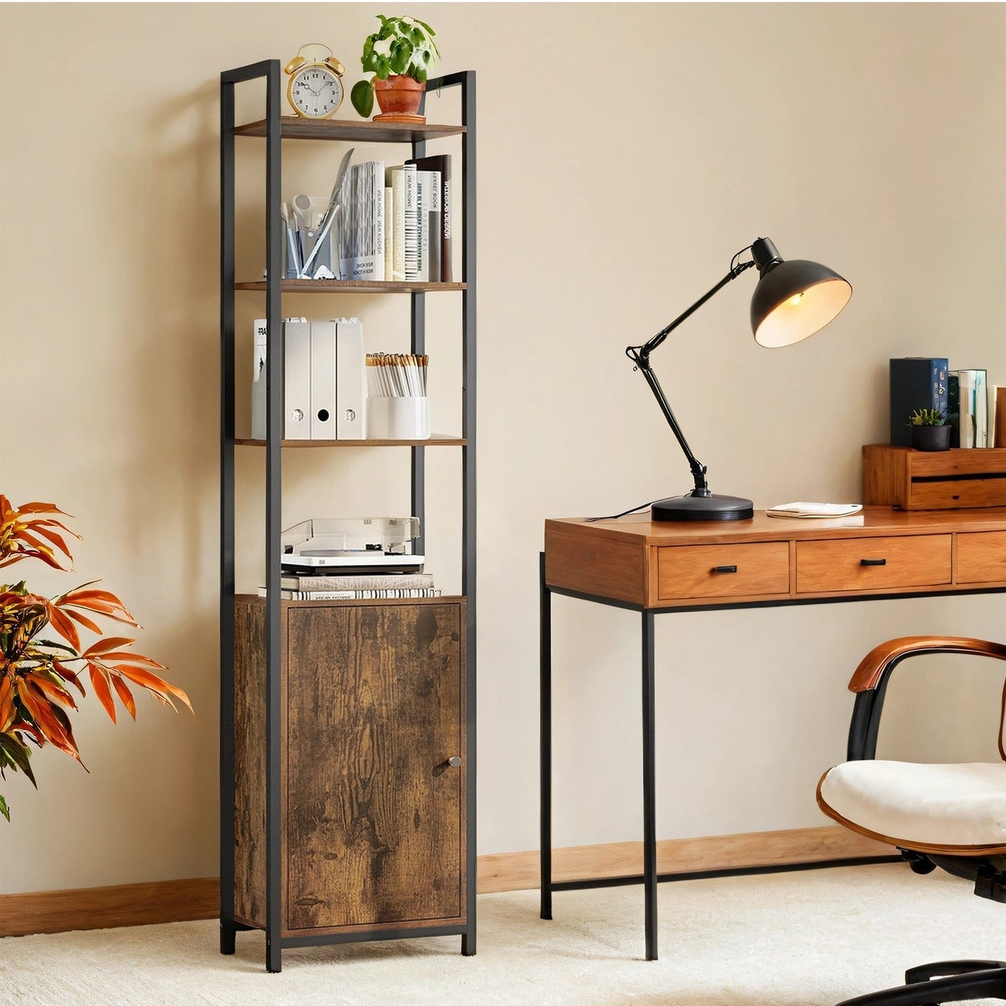 6-Tier Shelving Unit - Metal - Brown and Black - Adjustable Shelves with Cabinet