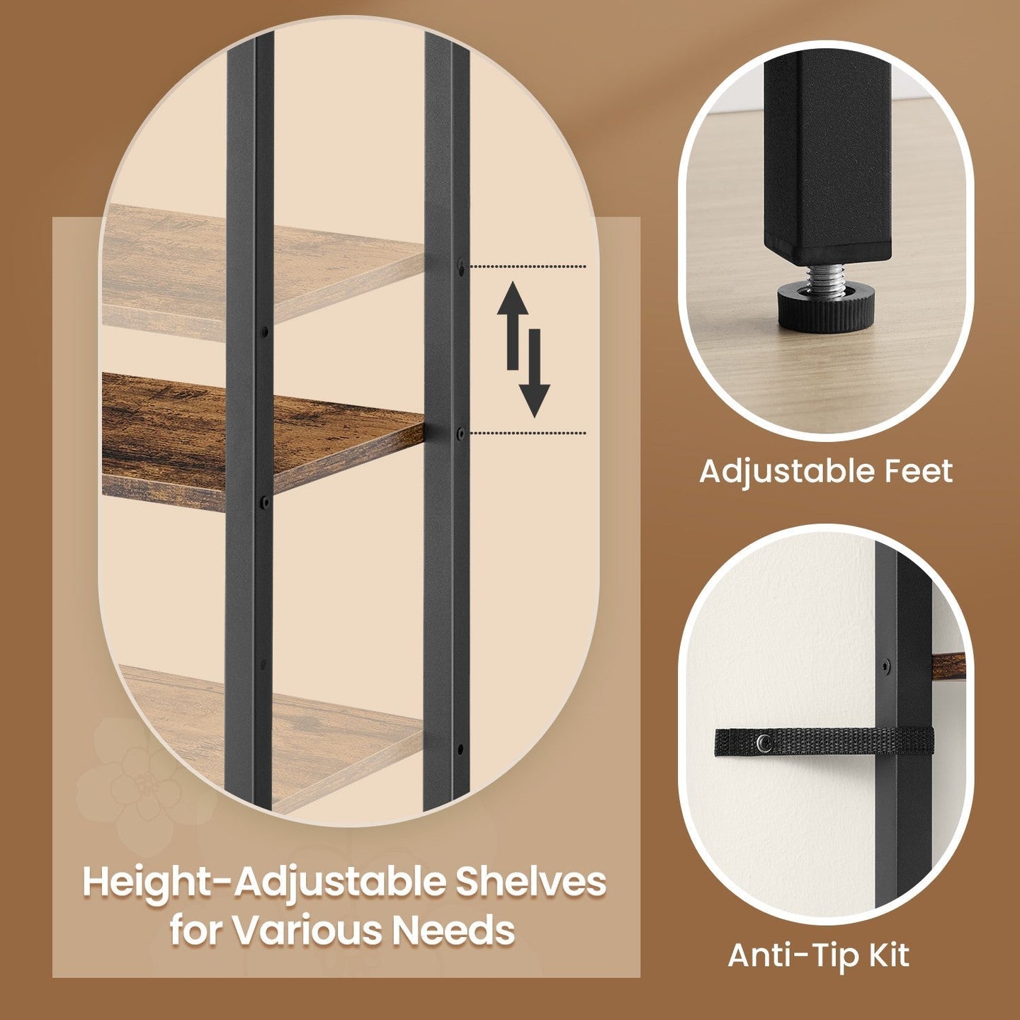 6-Tier Shelving Unit - Metal - Brown and Black - Adjustable Shelves with Cabinet